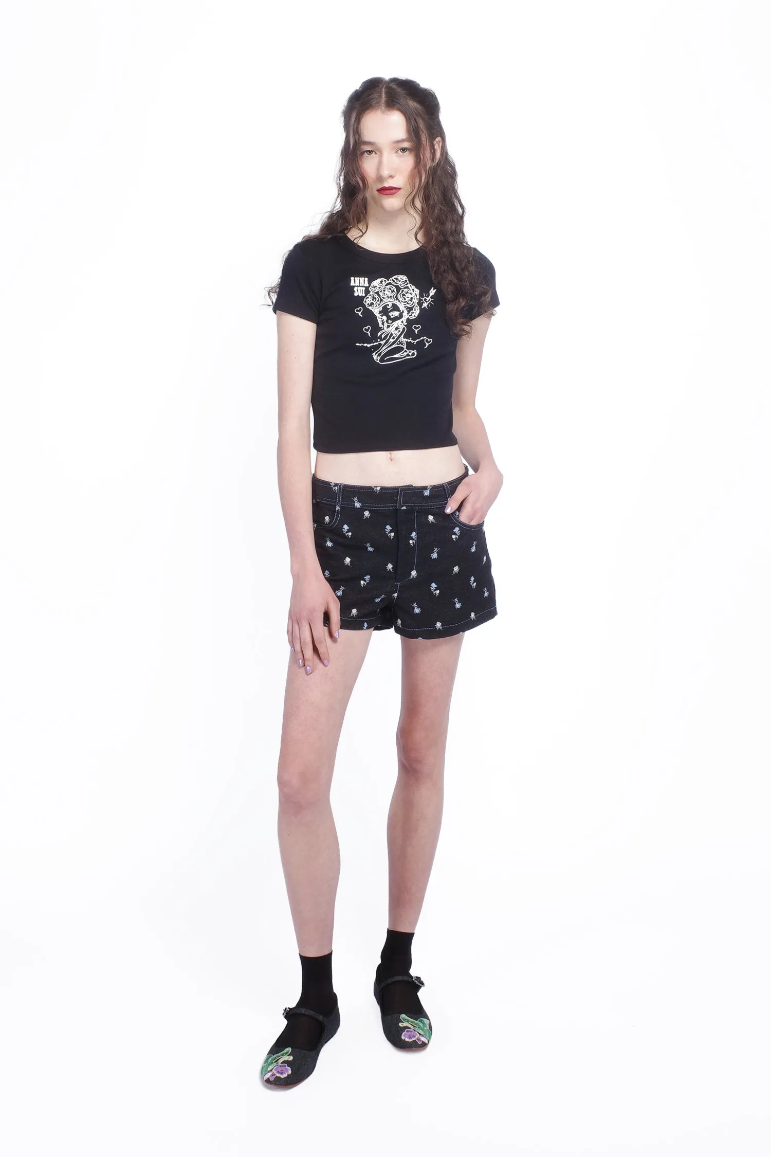 Denim Embroidered Roses Shorts Annasui