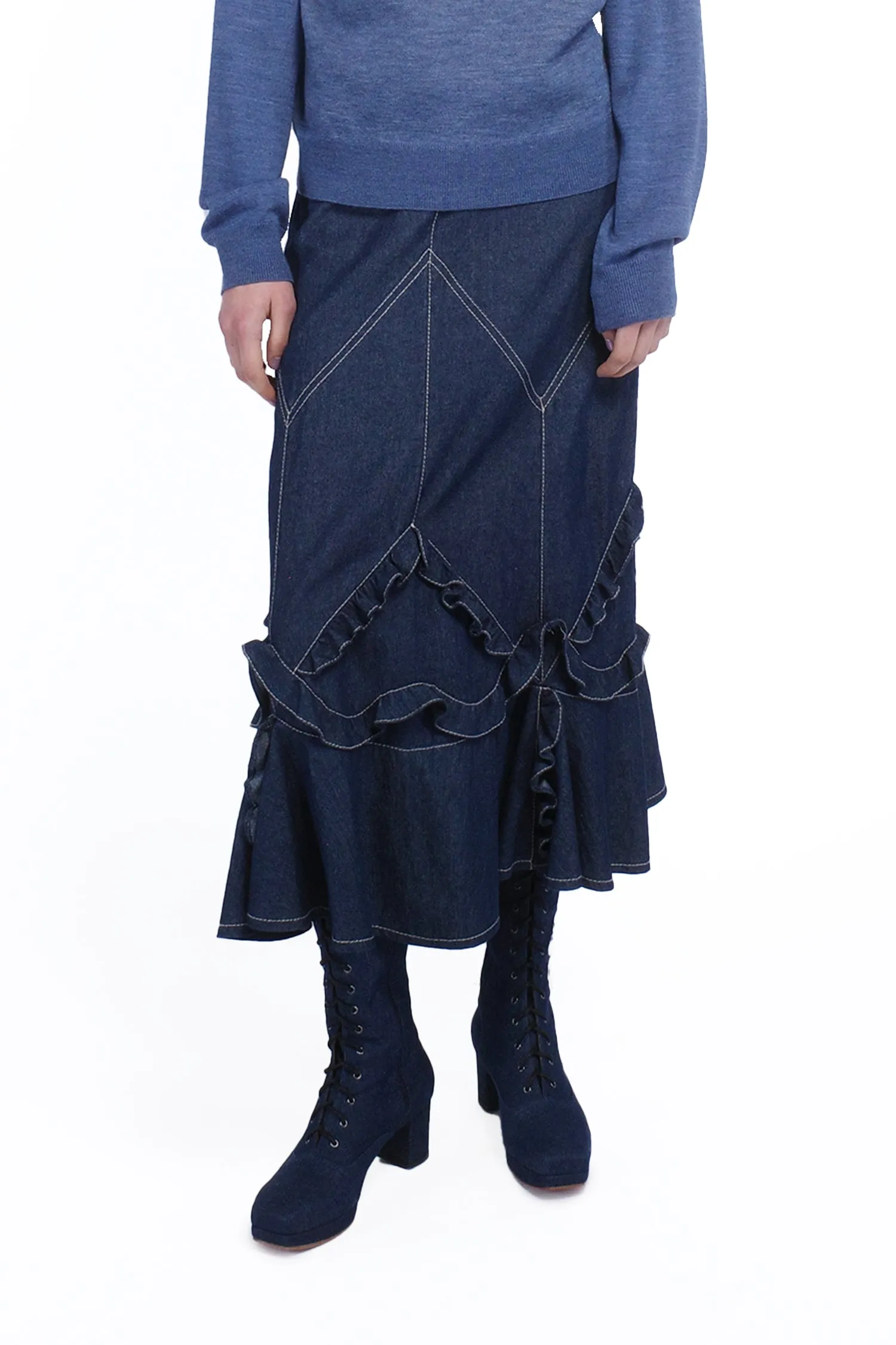 Denim Ruffle Maxi Skirt Annasui