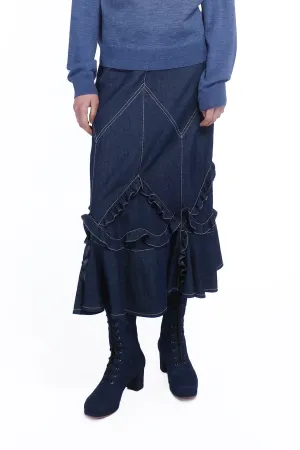 Denim Ruffle Maxi Skirt Annasui