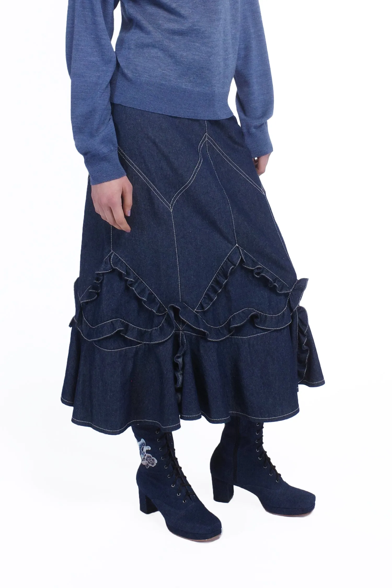 Denim Ruffle Maxi Skirt Annasui