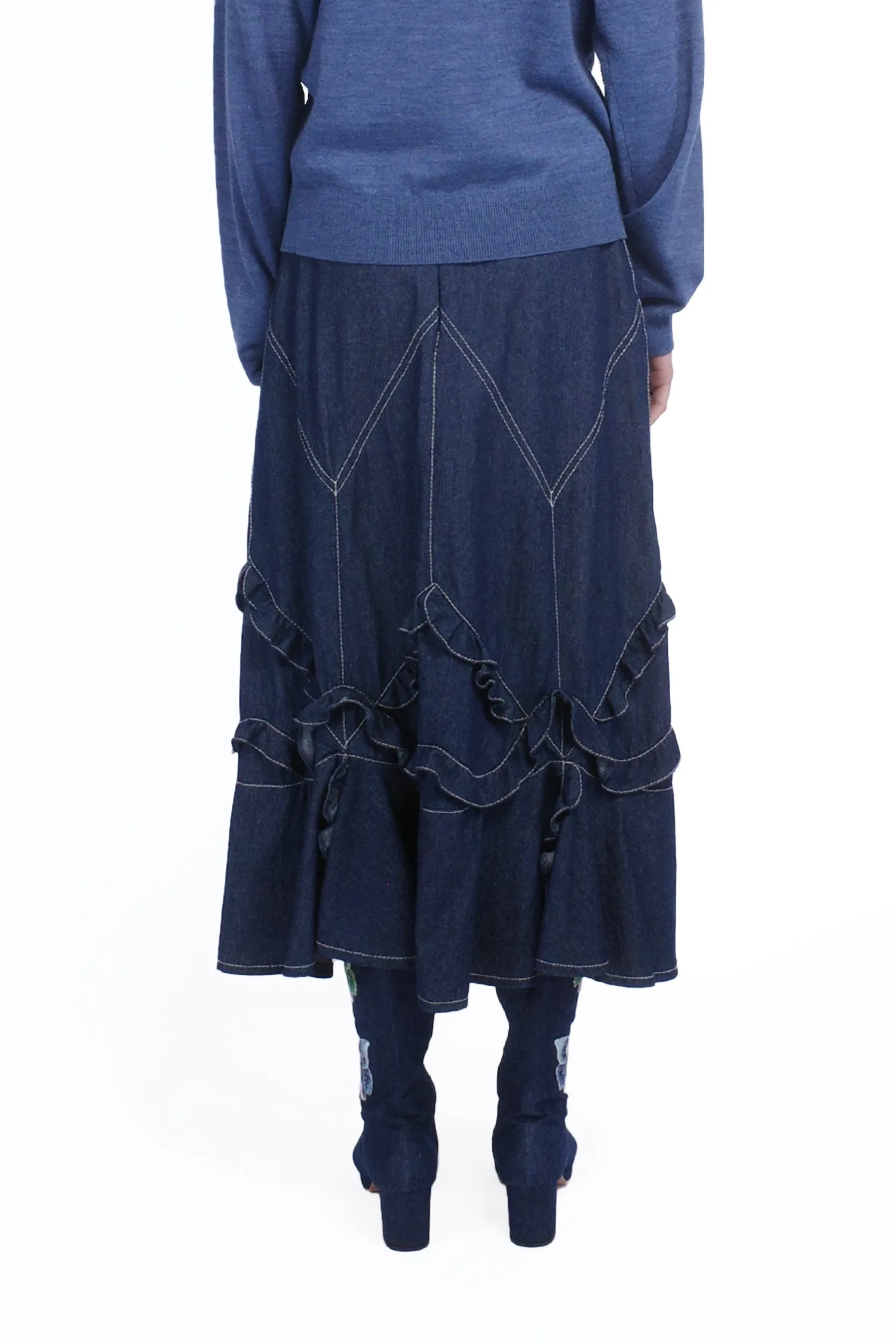 Denim Ruffle Maxi Skirt Annasui
