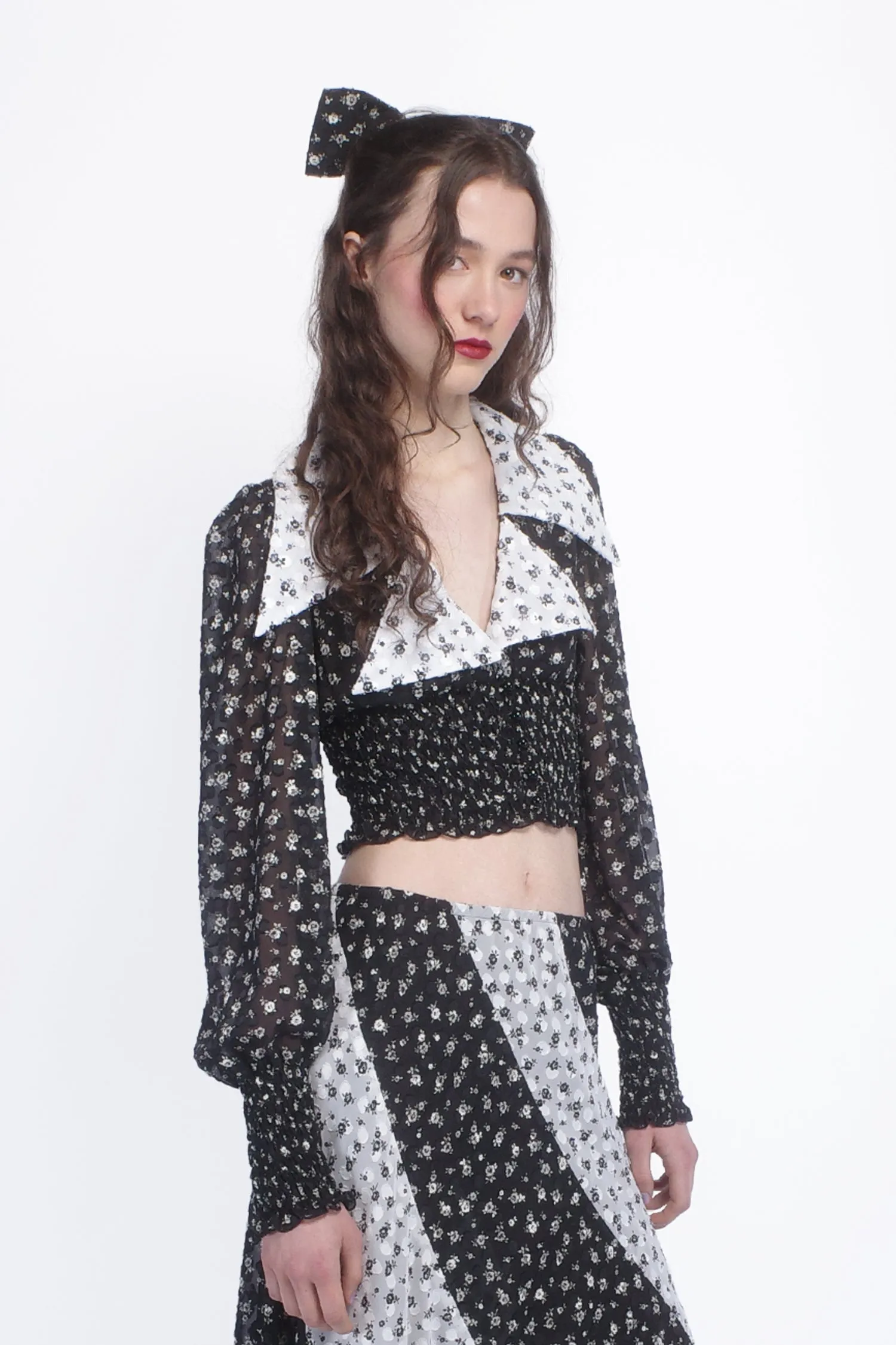 Ditsy Dot Chiffon Collared Smocked Top Annasui