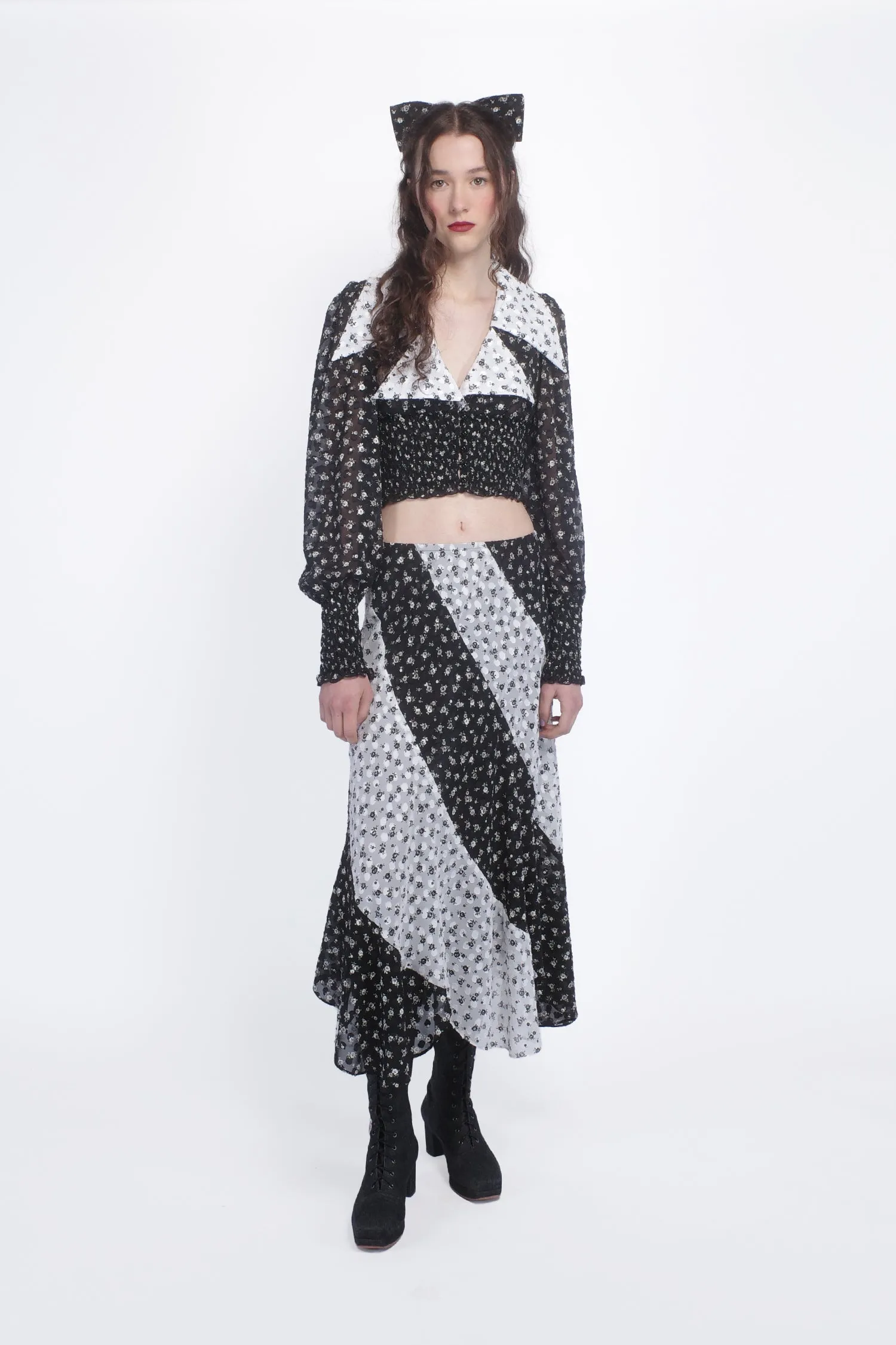 Ditsy Dot Chiffon Collared Smocked Top Annasui