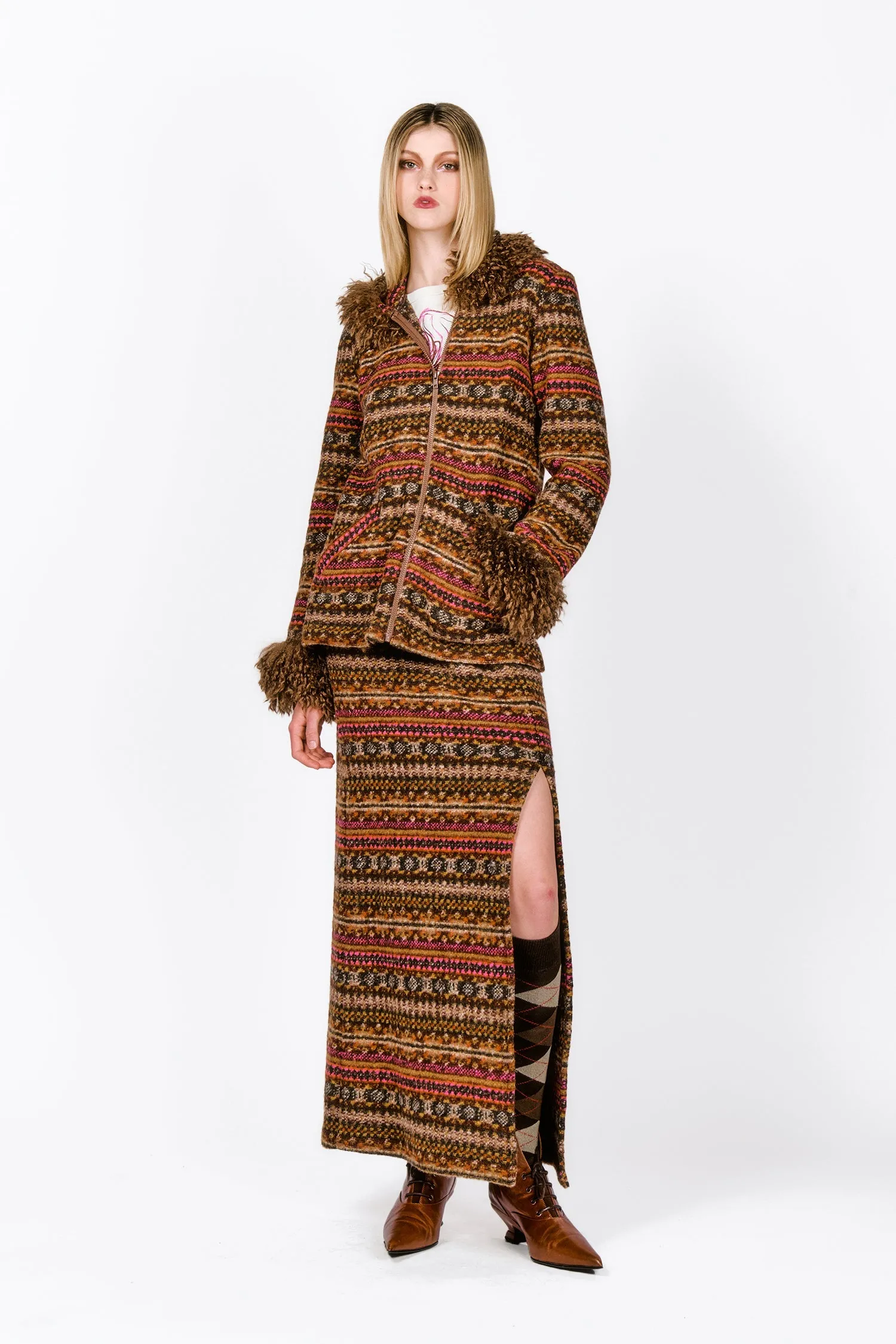 Fair Isle Fleece Maxi Skirt with Slit Annasui