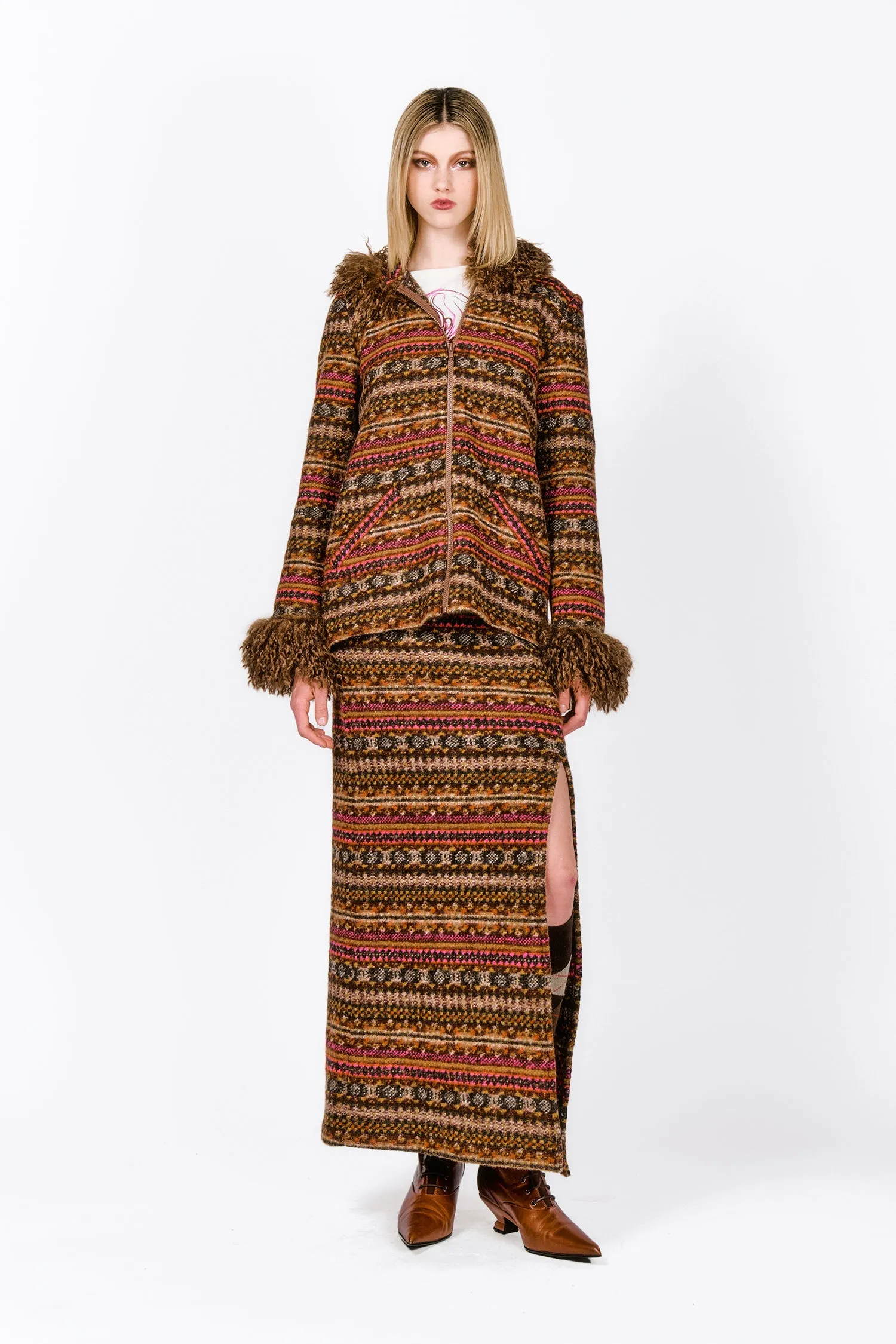 Fair Isle Fleece Maxi Skirt with Slit Annasui