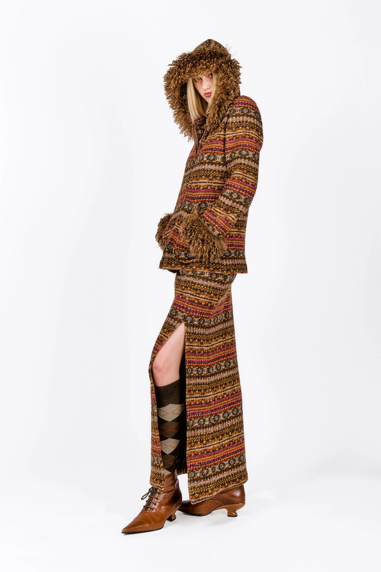 Fair Isle Fleece Maxi Skirt with Slit Annasui