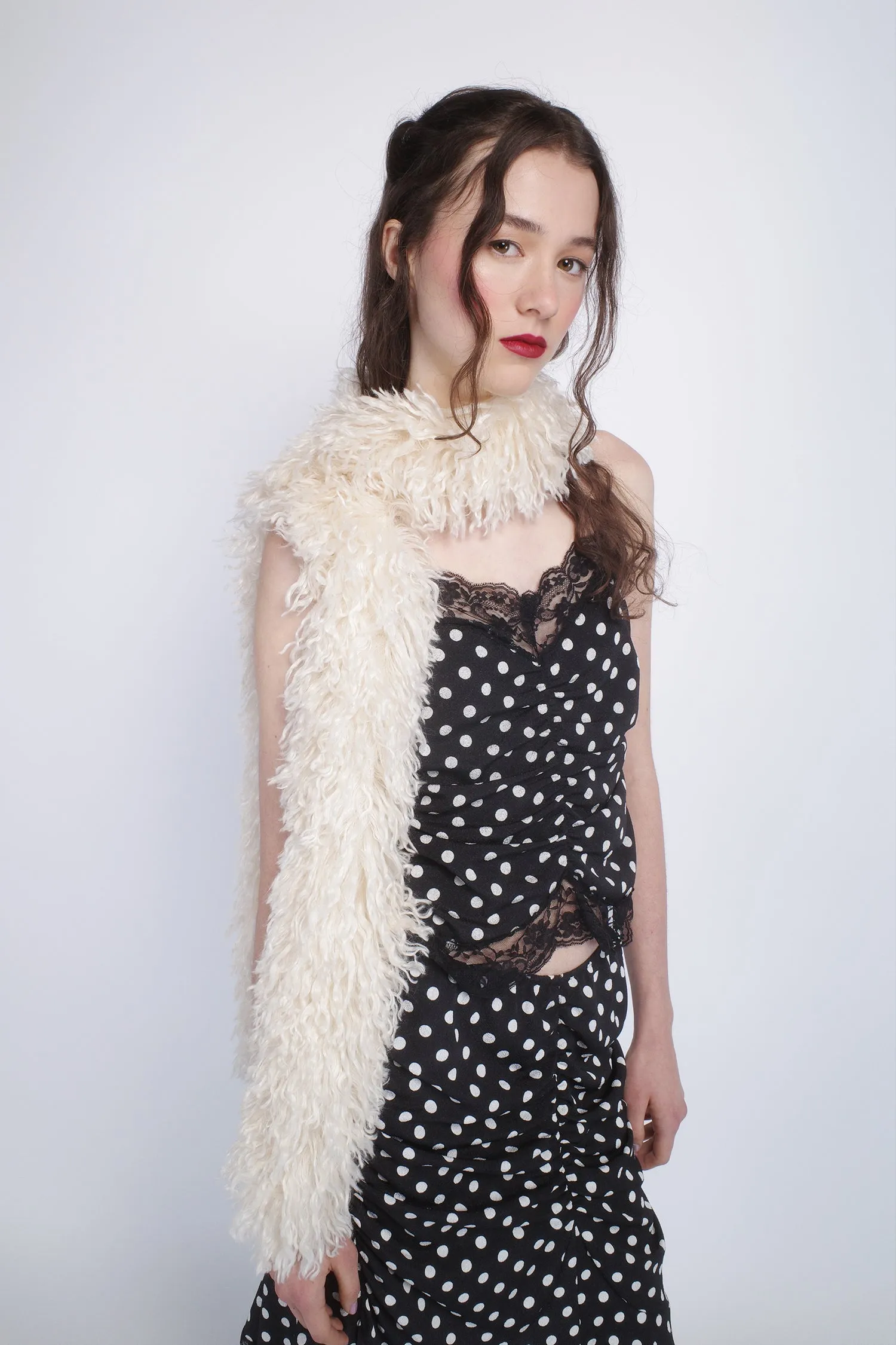 Faux Curly Lamb Fur Long Scarf-White Annasui