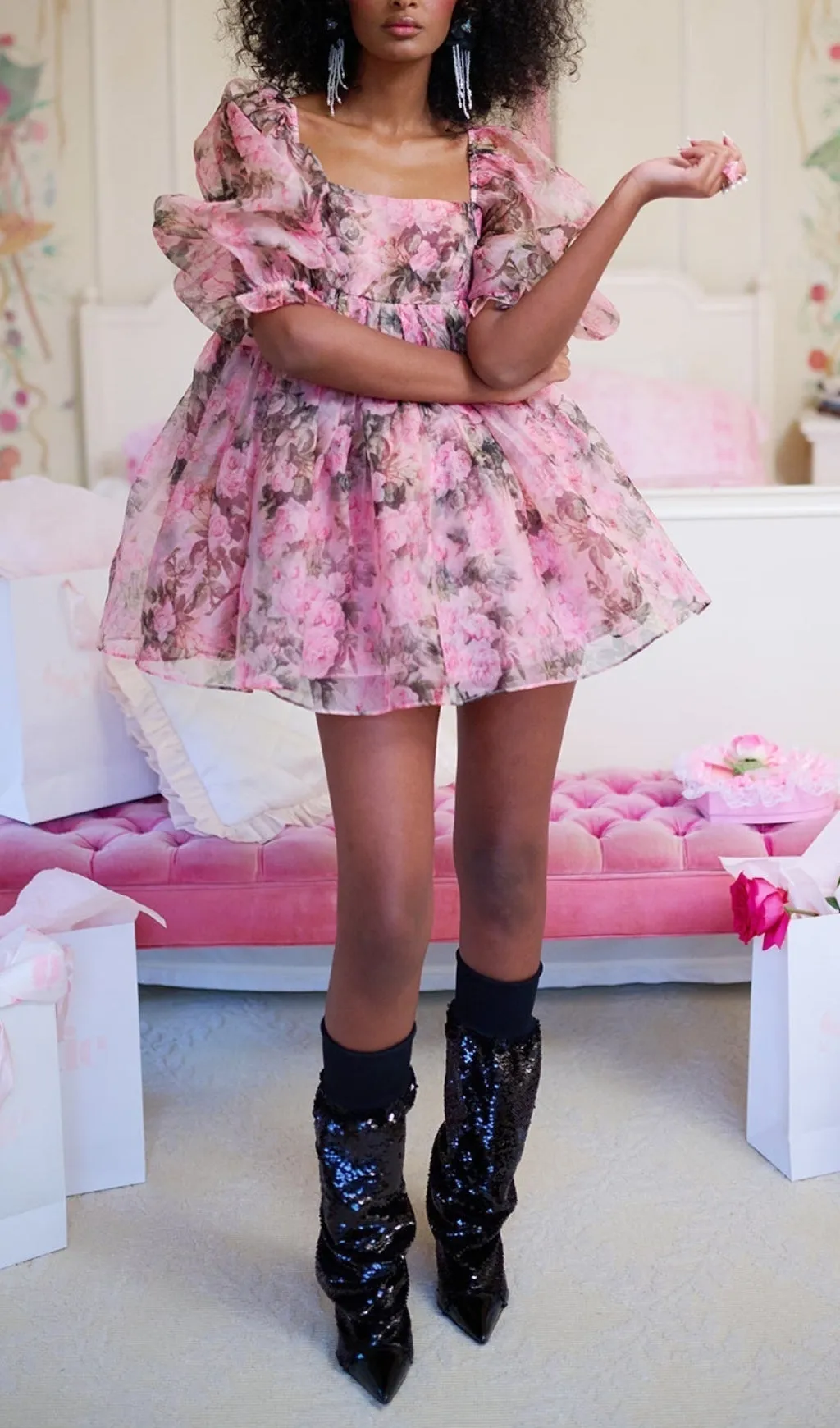 FLORAL PRINED PUFF MINI DRESS Gloria Lanvin