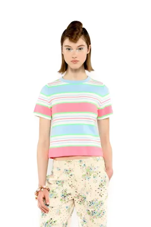 Fluorescent Stripe Short Sleeve Knit Top-Baby Blue Annasui