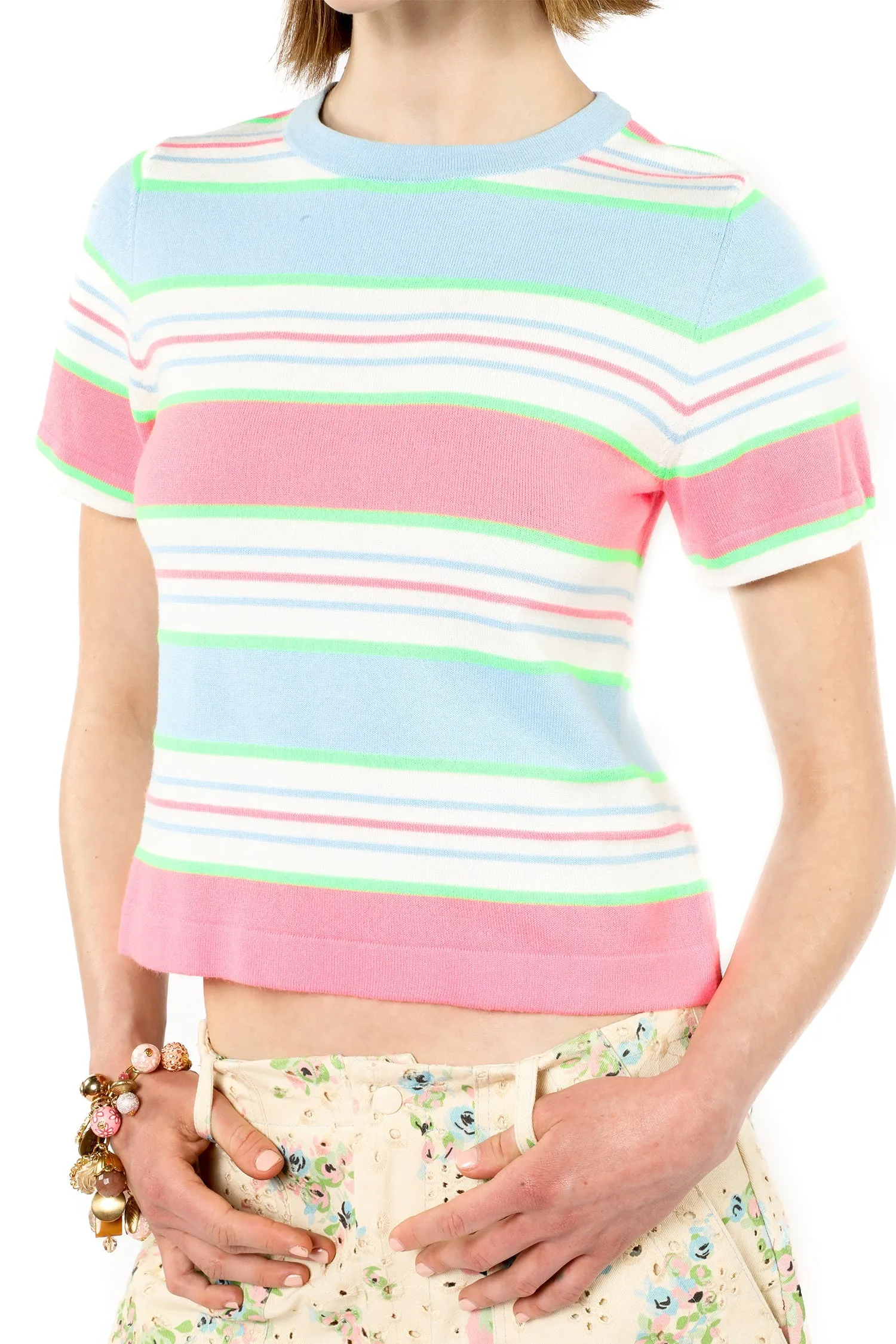 Fluorescent Stripe Short Sleeve Knit Top-Baby Blue Annasui