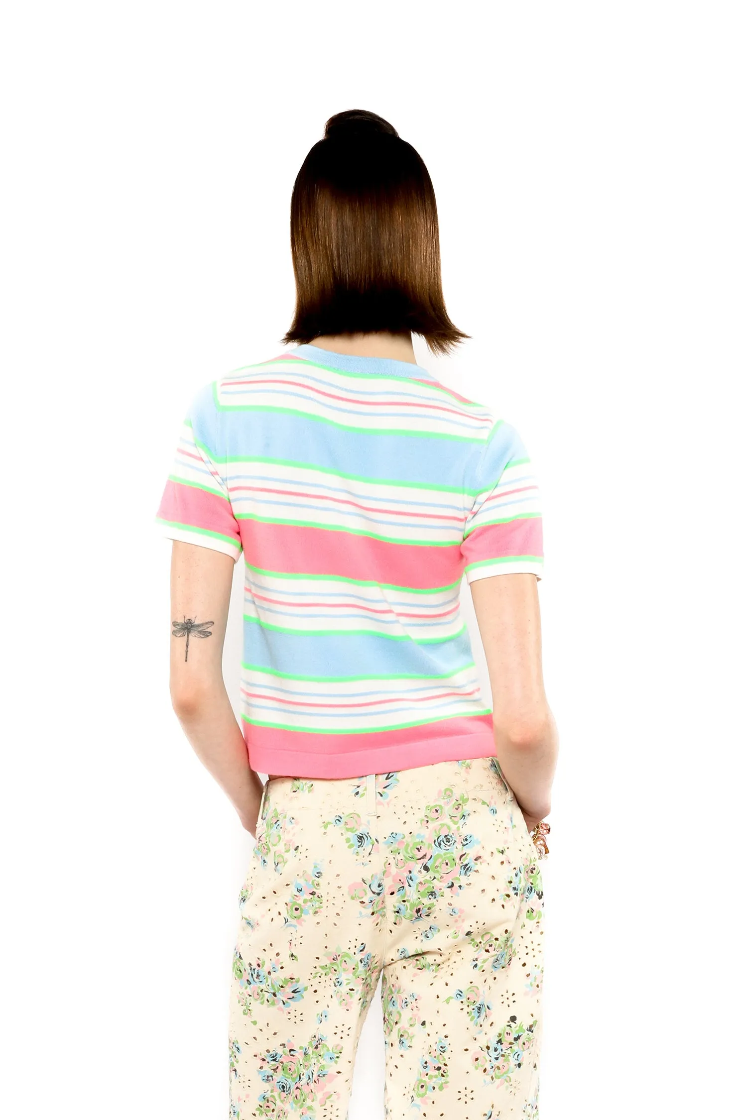 Fluorescent Stripe Short Sleeve Knit Top-Baby Blue Annasui