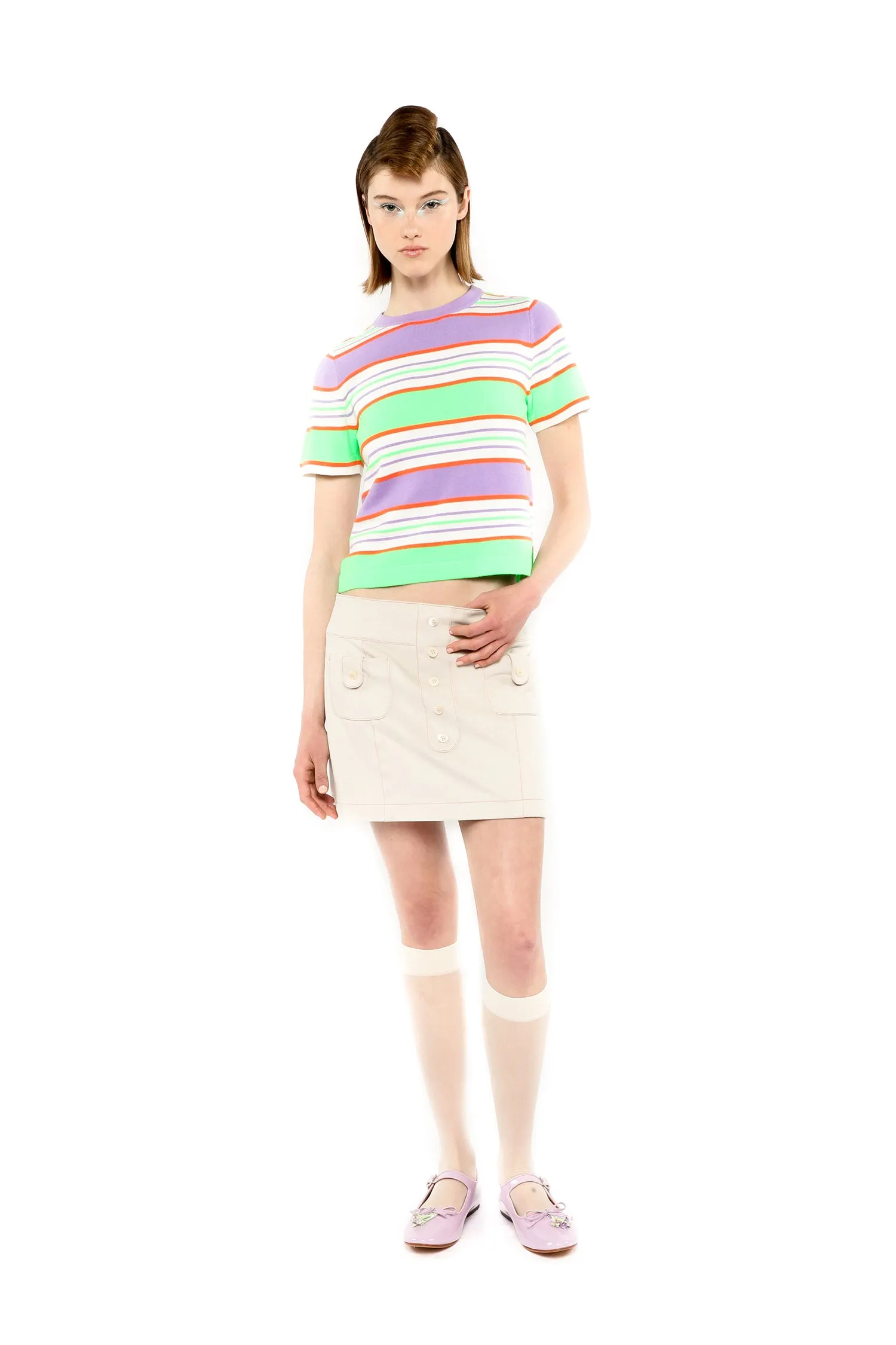 Fluorescent Stripe Short Sleeve Knit Top-Lavender Annasui