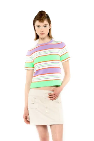 Fluorescent Stripe Short Sleeve Knit Top-Lavender Annasui