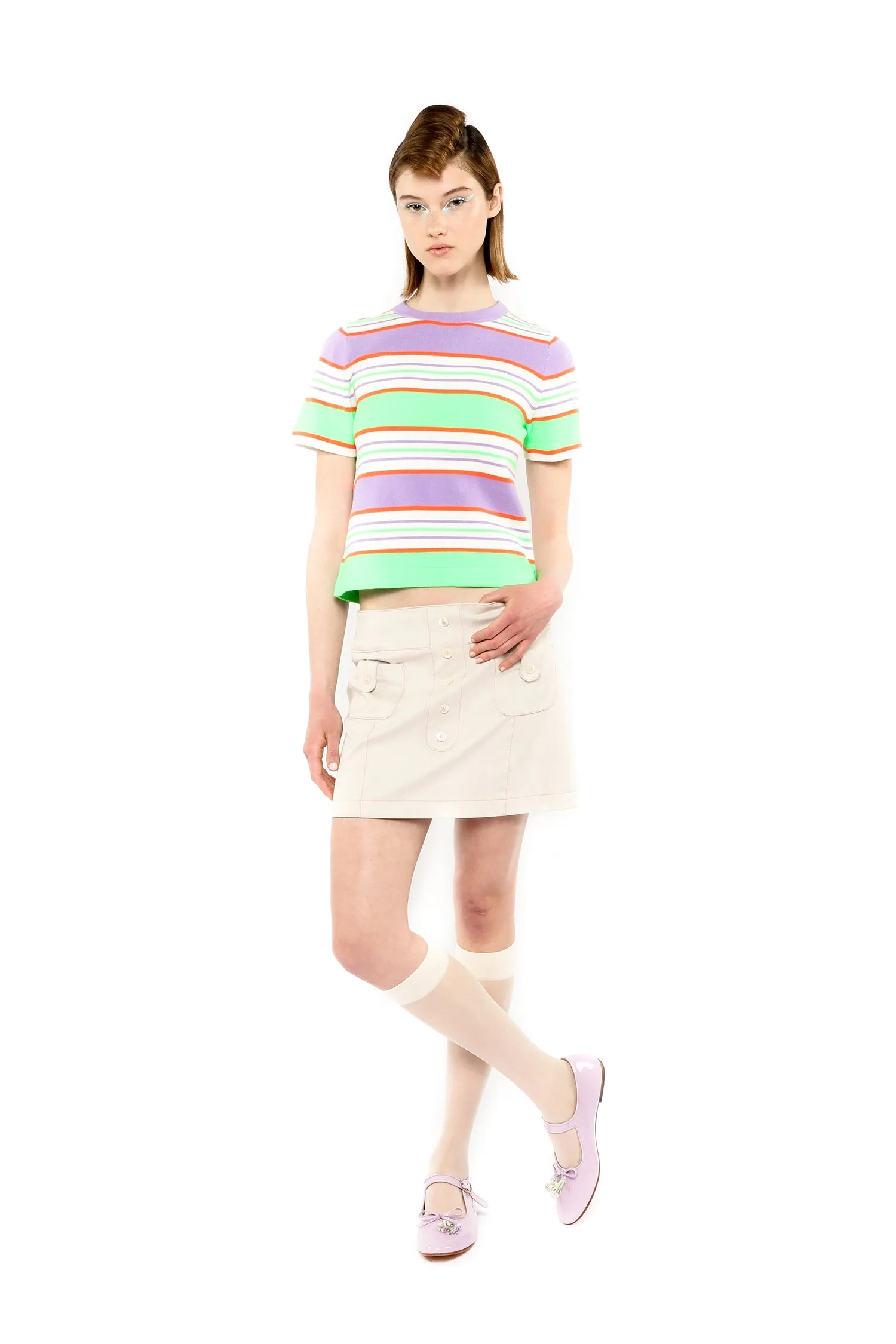 Fluorescent Stripe Short Sleeve Knit Top-Lavender Annasui