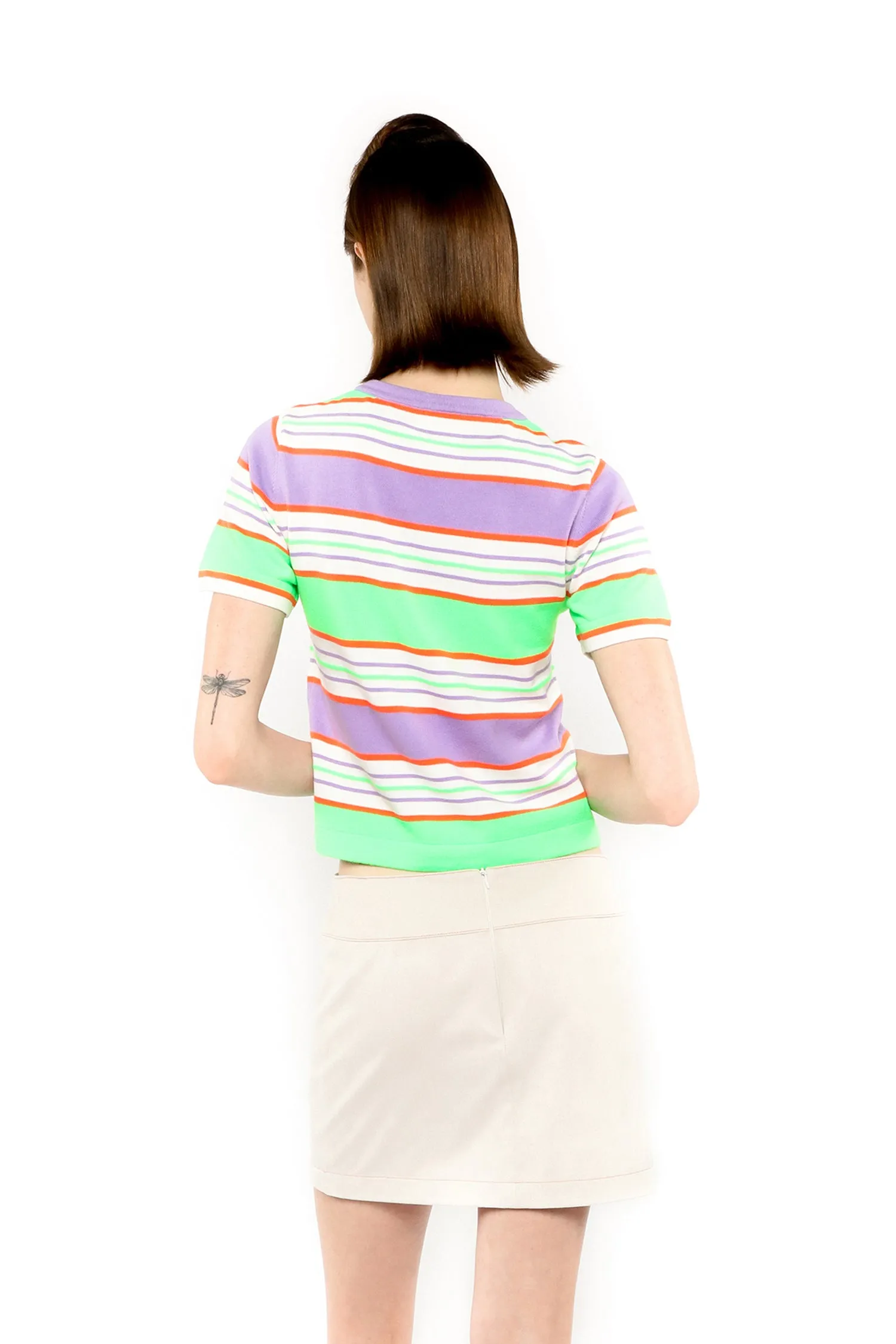 Fluorescent Stripe Short Sleeve Knit Top-Lavender Annasui
