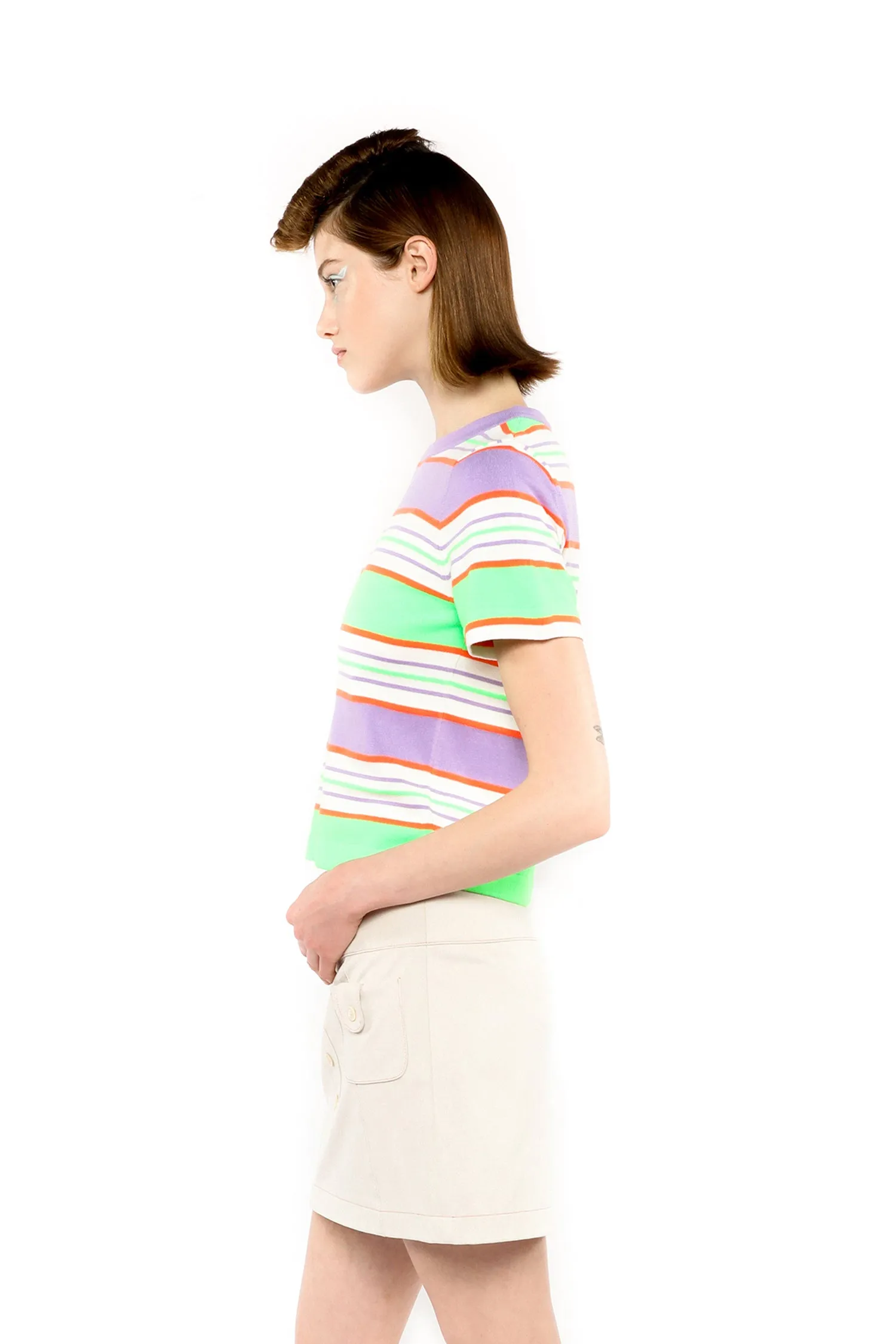 Fluorescent Stripe Short Sleeve Knit Top-Lavender Annasui