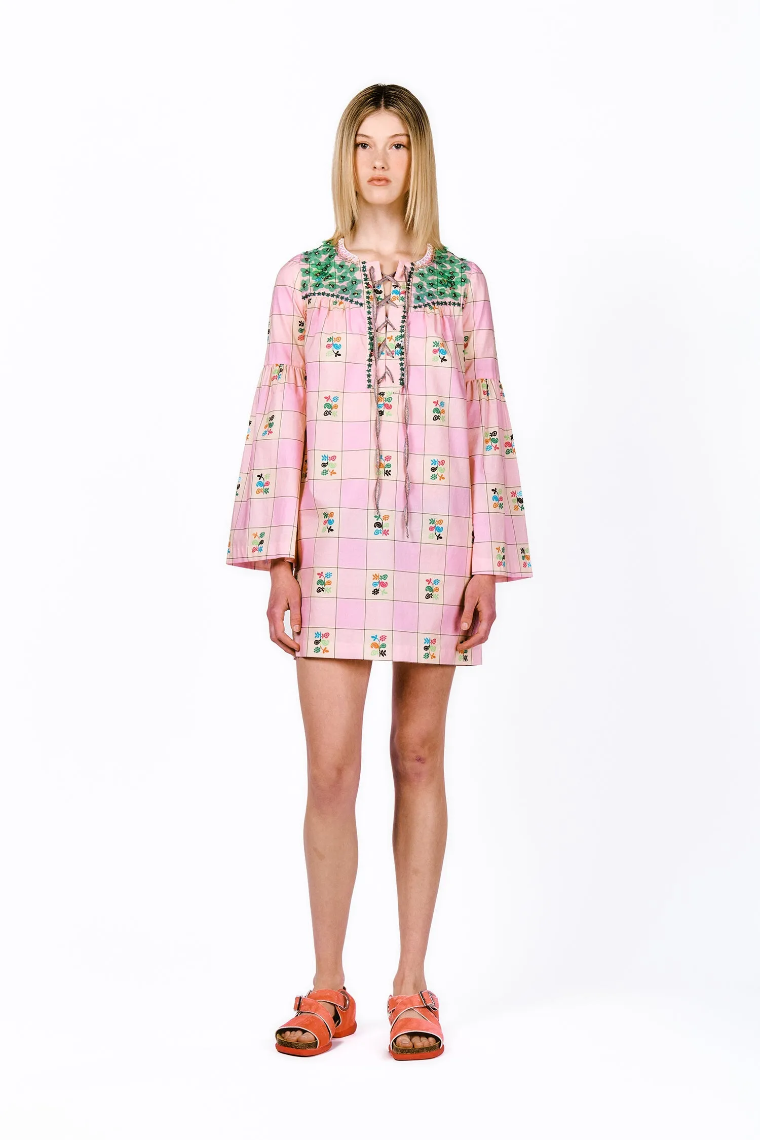 Giant Floral Gingham Embroidered Dress Annasui