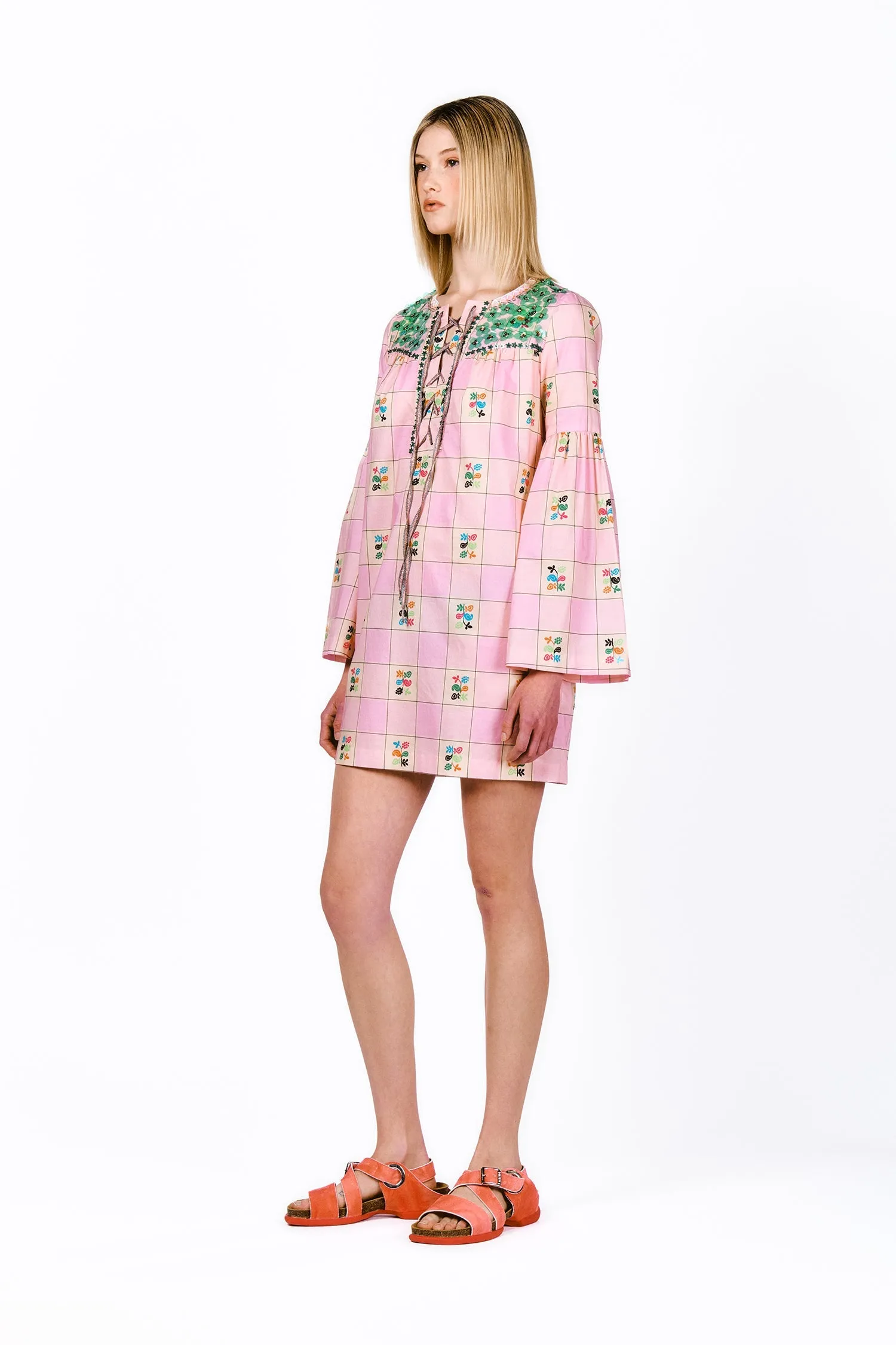 Giant Floral Gingham Embroidered Dress Annasui