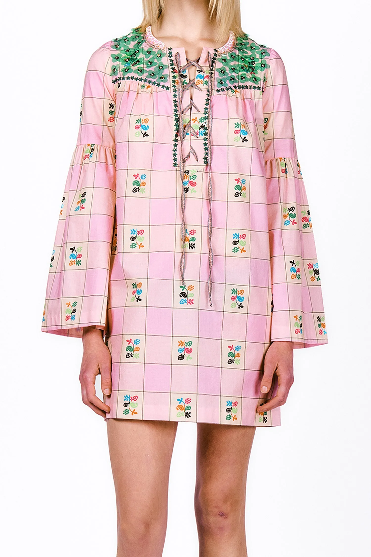 Giant Floral Gingham Embroidered Dress Annasui
