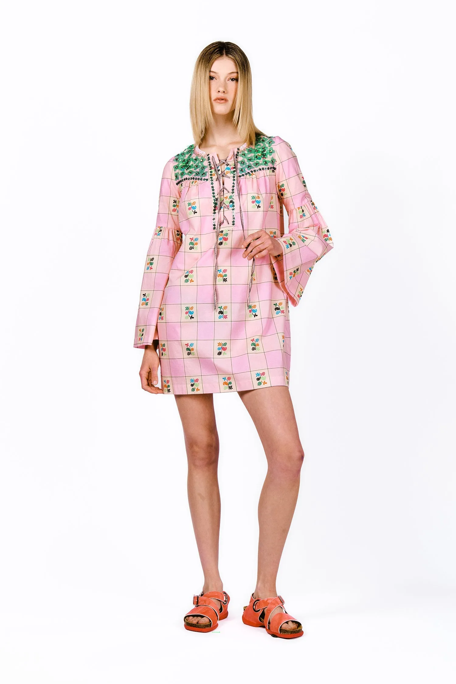 Giant Floral Gingham Embroidered Dress Annasui