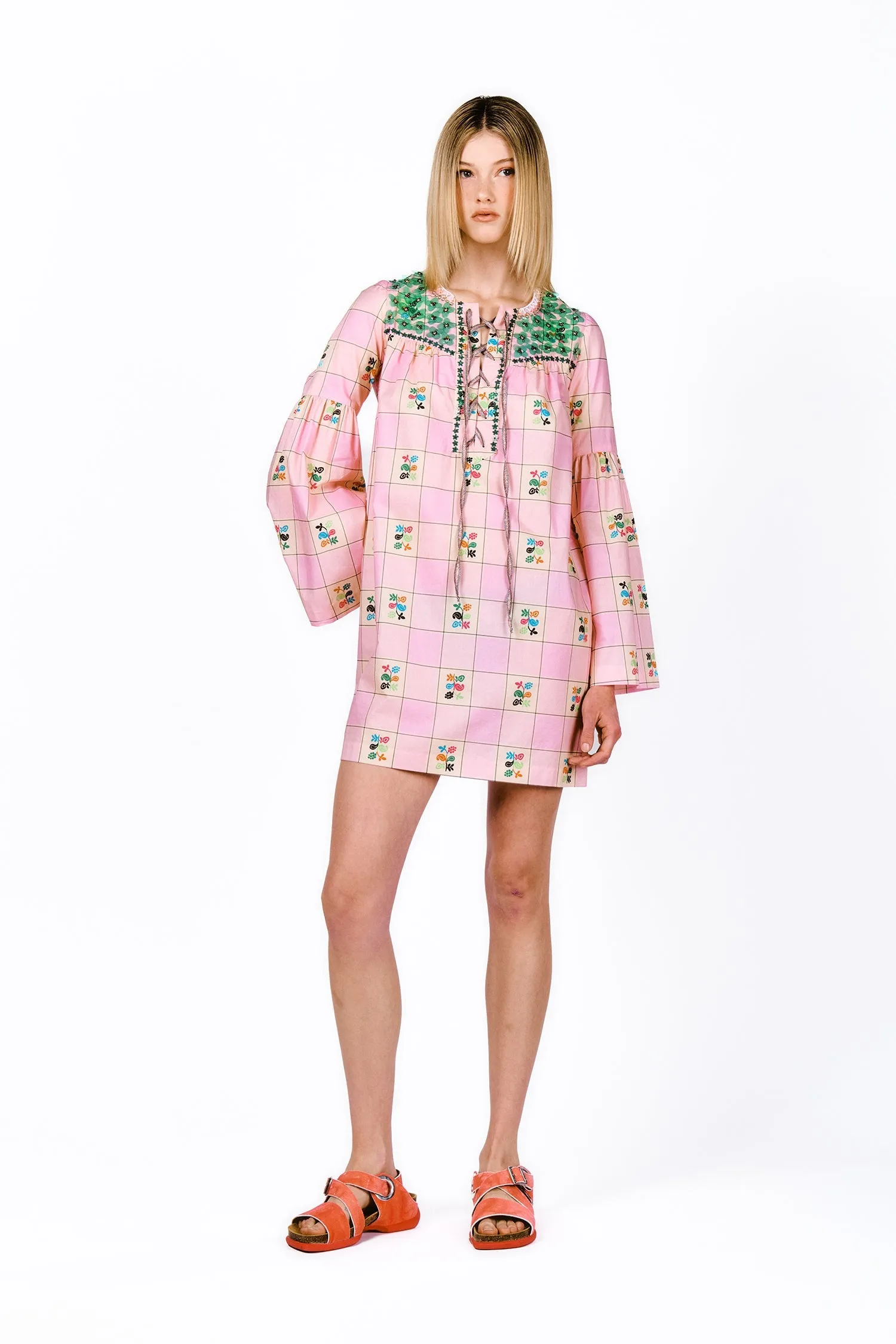 Giant Floral Gingham Embroidered Dress Annasui
