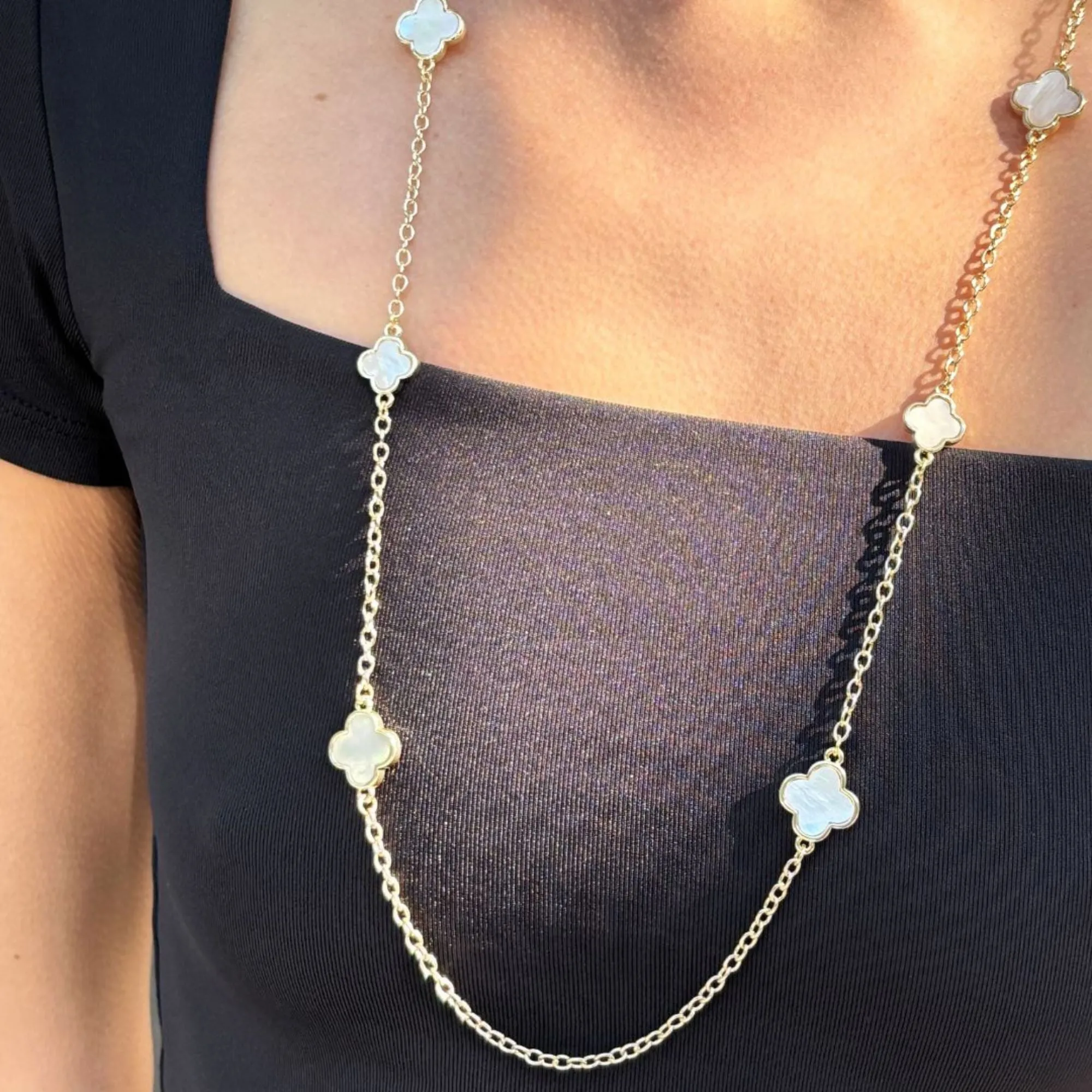 Gold Plated 36" Mother of Pearl Flower Station Necklace