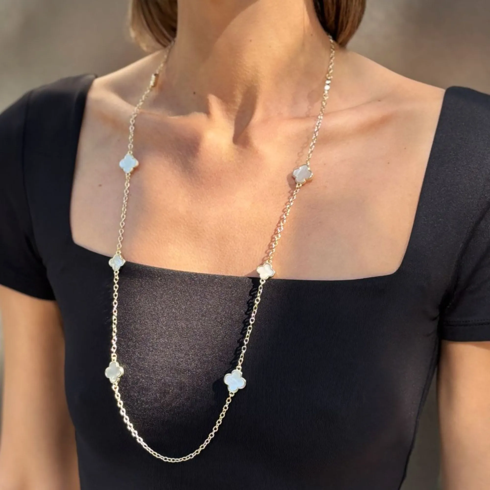 Gold Plated 36" Mother of Pearl Flower Station Necklace