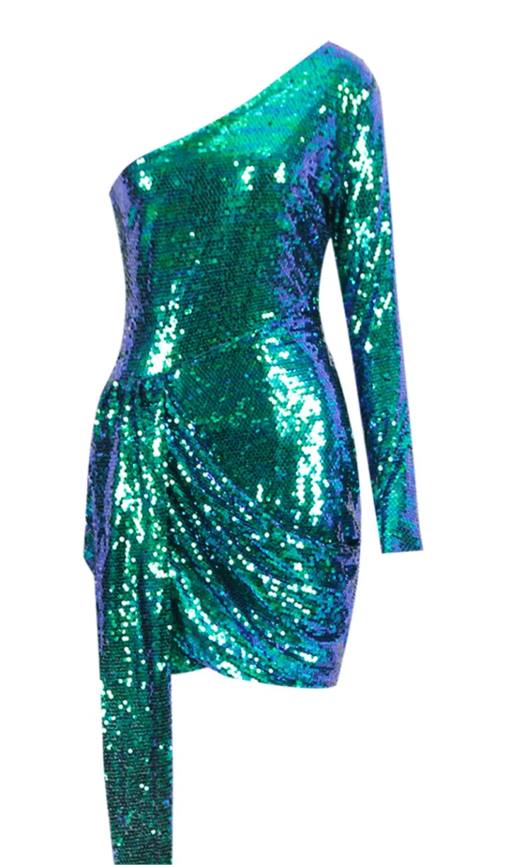 GREEN SEQUIN ONE SHOULDER SEXY DRESS Gloria Lanvin