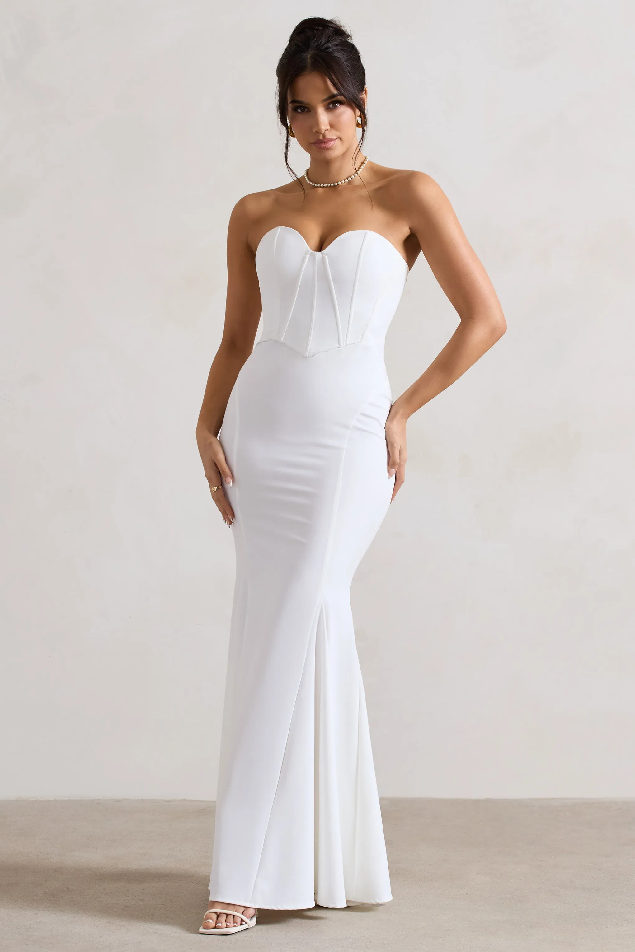 Idyllic | Cream Strapless Corset Style Fishtail Maxi Dress Club L London