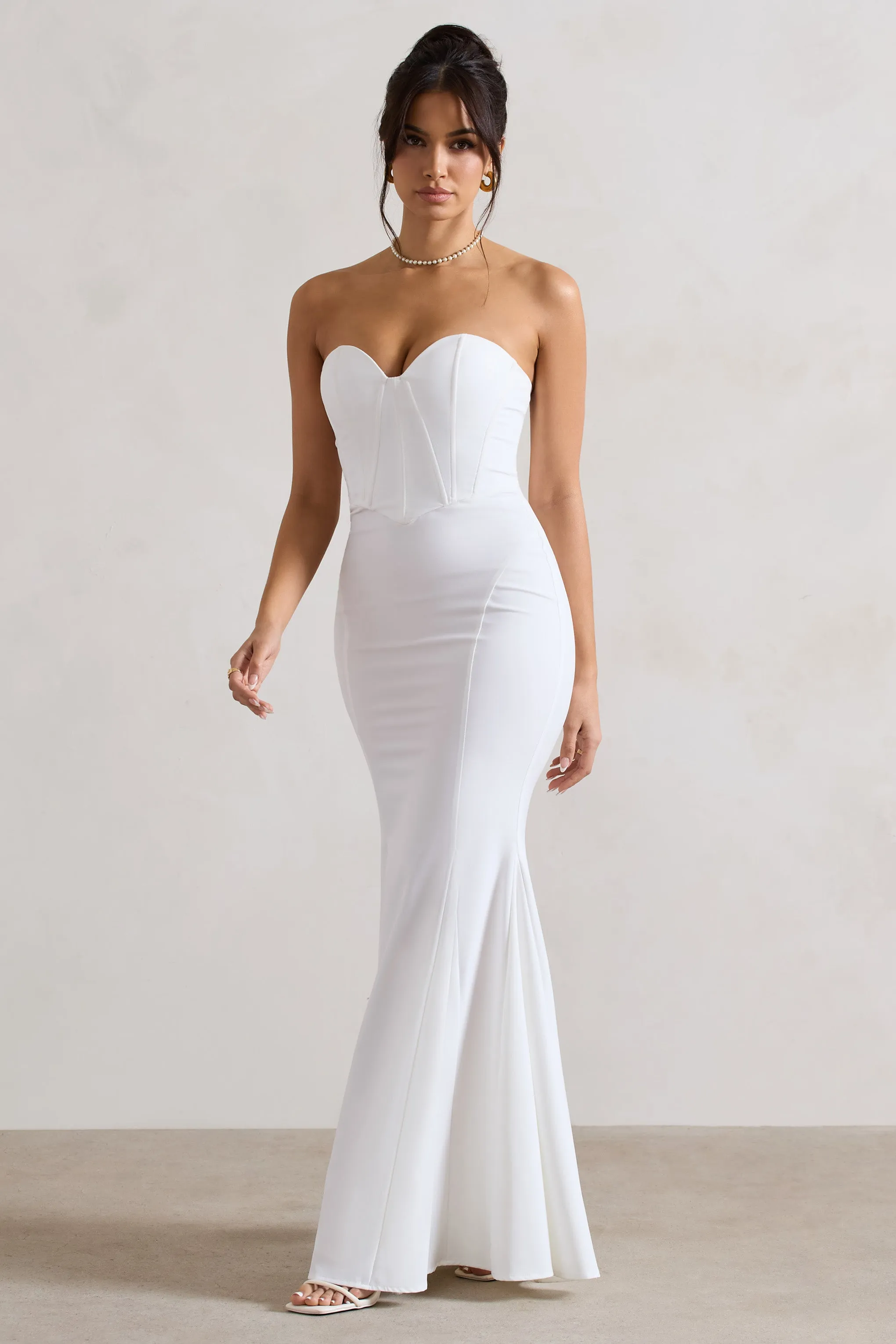 Idyllic | Cream Strapless Corset Style Fishtail Maxi Dress Club L London