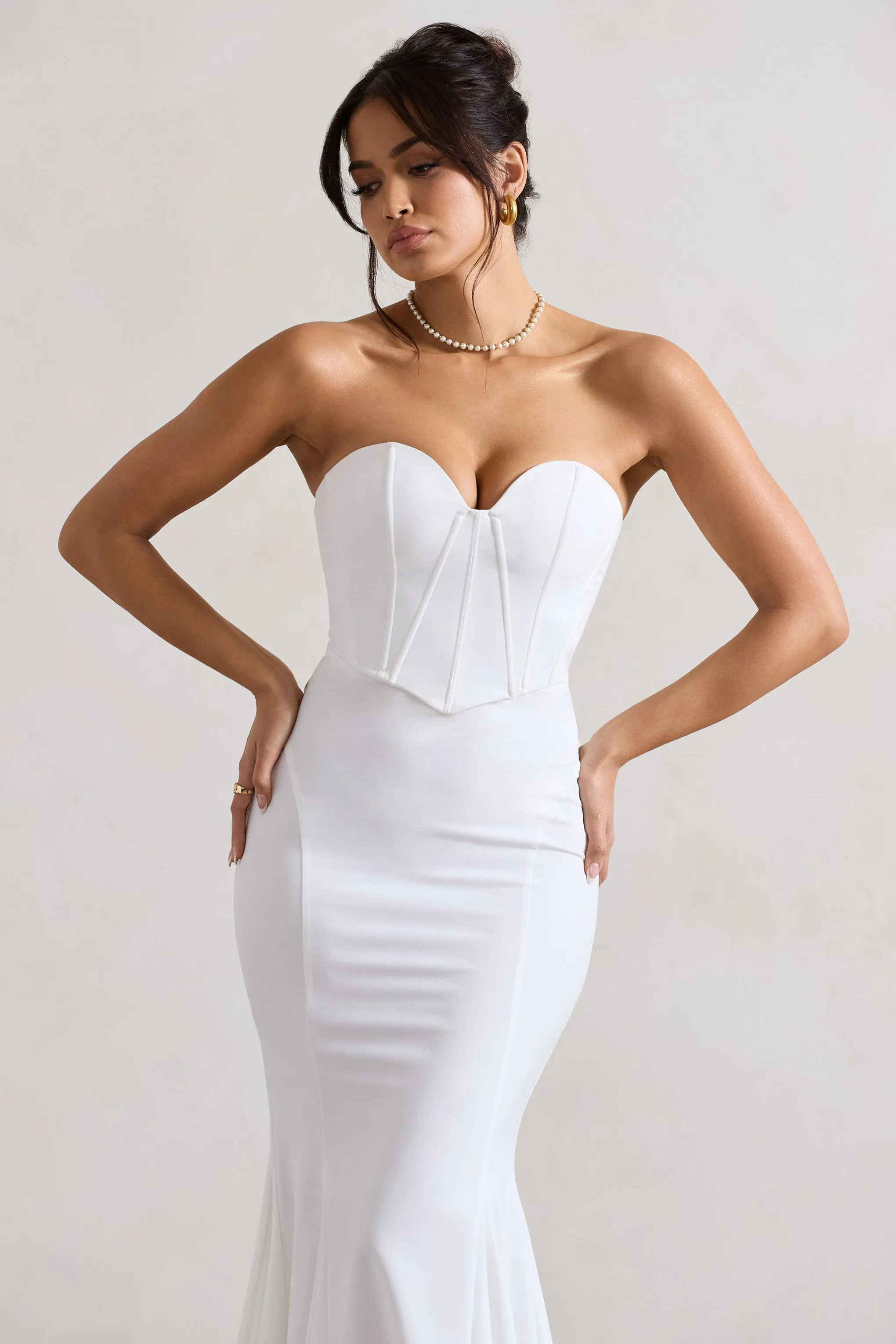 Idyllic | Cream Strapless Corset Style Fishtail Maxi Dress Club L London