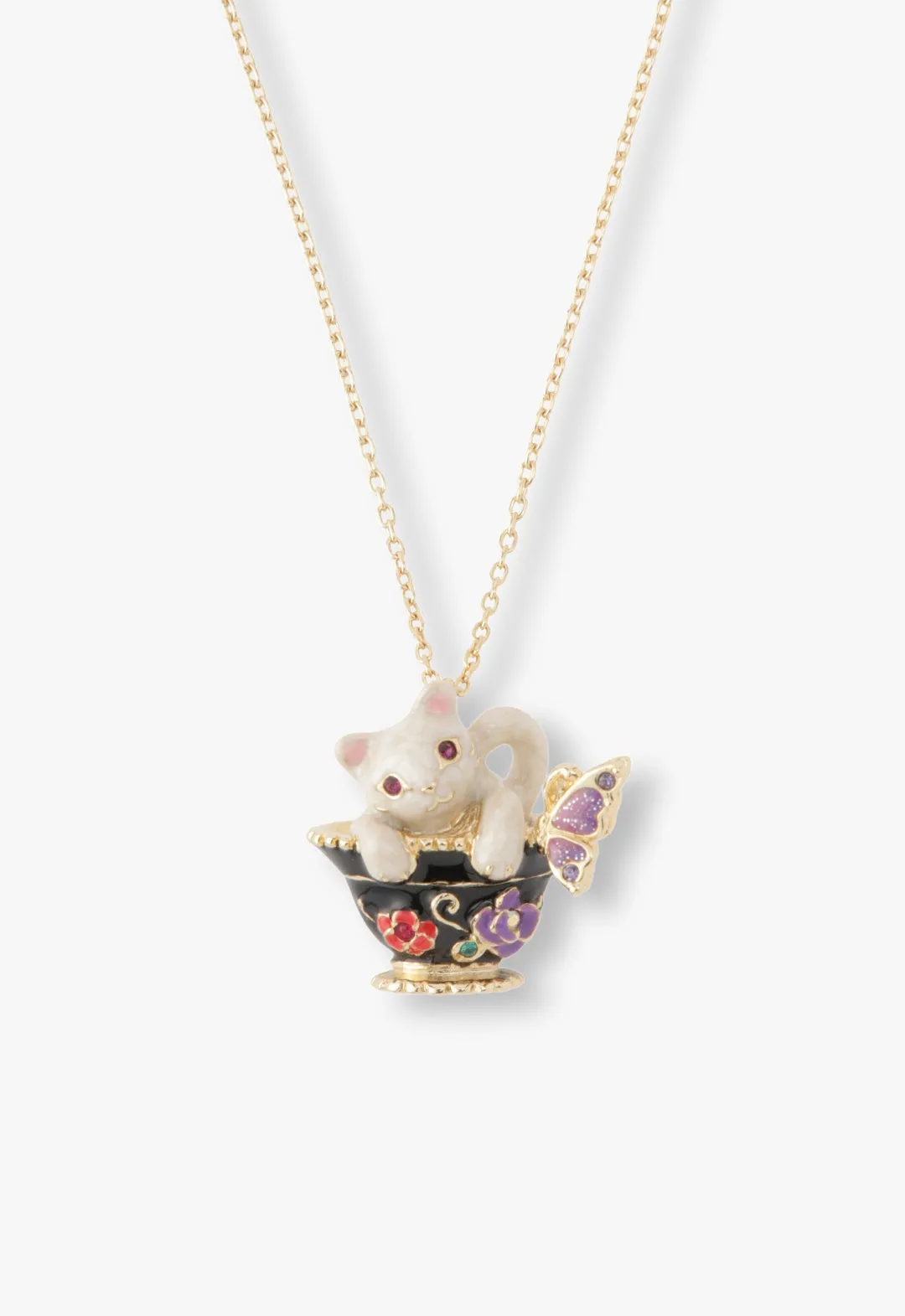 Jeweled Cat & Butterfly Chalice Necklace Annasui