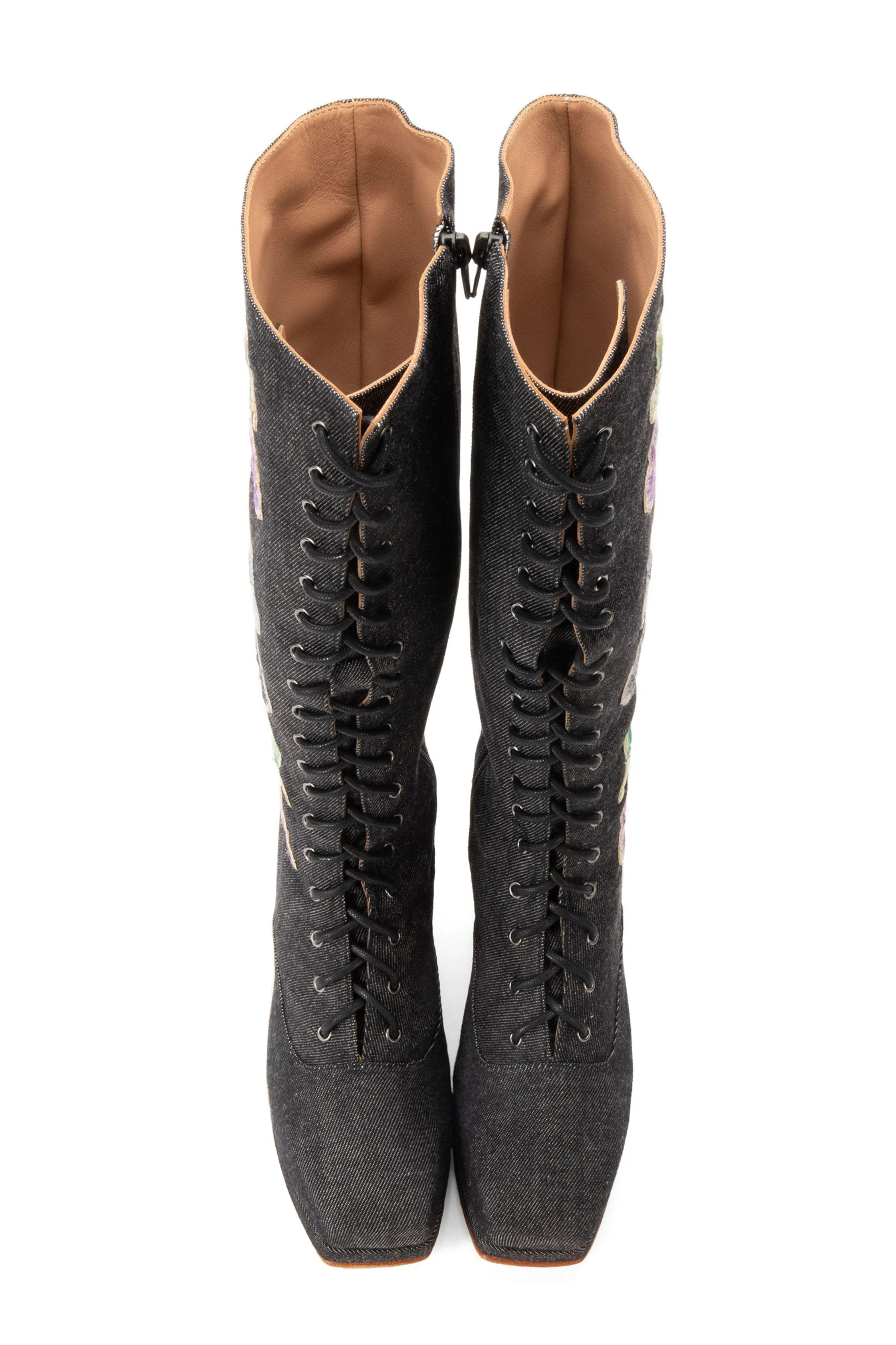 John Fluevog x Anna Sui Butterfly Boots- Black Denim Annasui