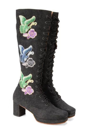 John Fluevog x Anna Sui Butterfly Boots- Black Denim Annasui