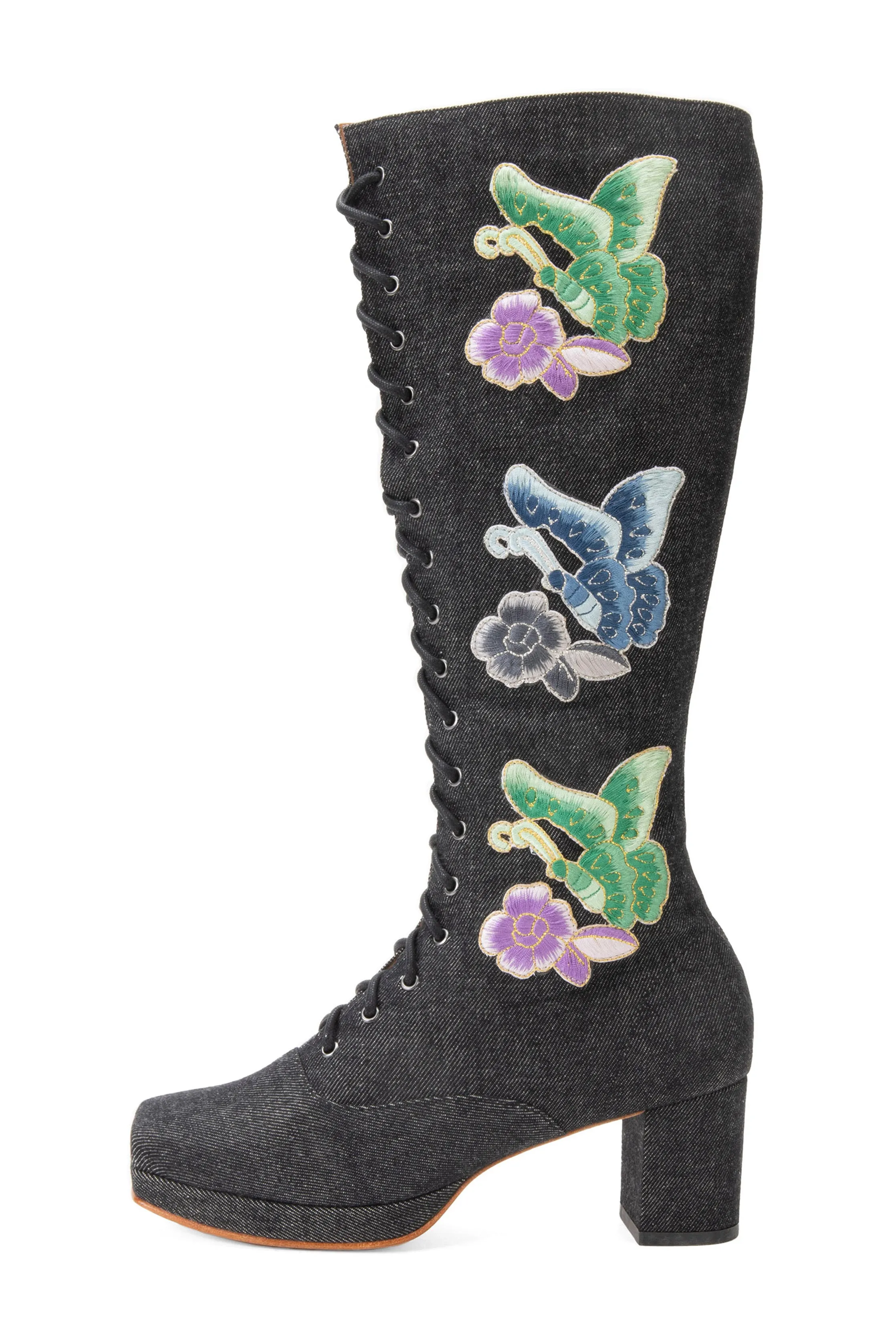 John Fluevog x Anna Sui Butterfly Boots- Black Denim Annasui