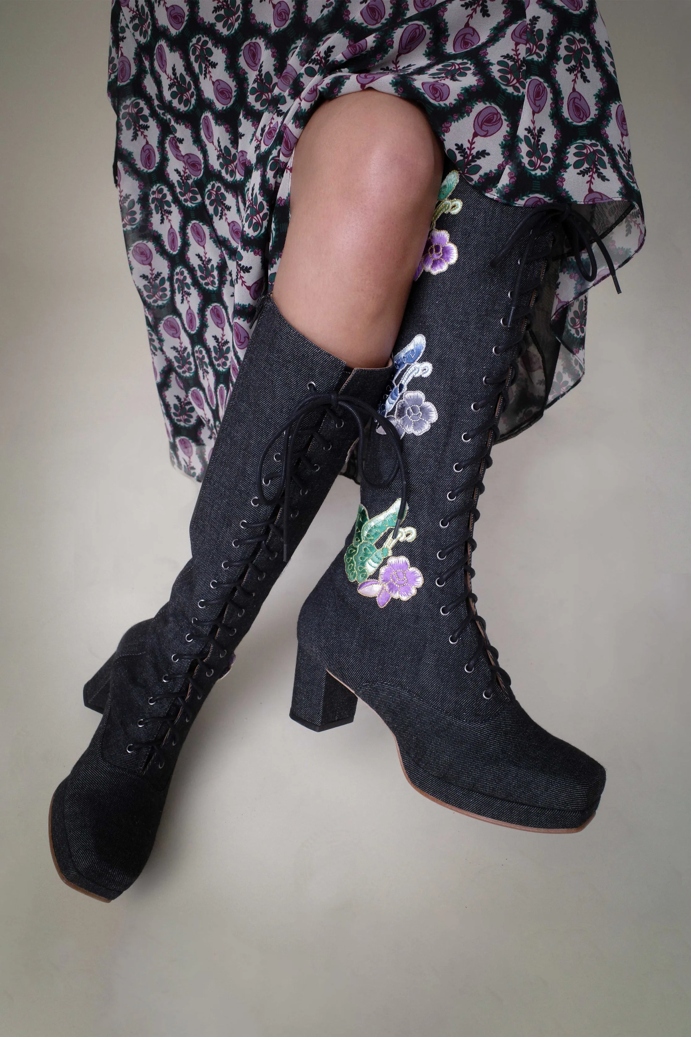 John Fluevog x Anna Sui Butterfly Boots- Black Denim Annasui