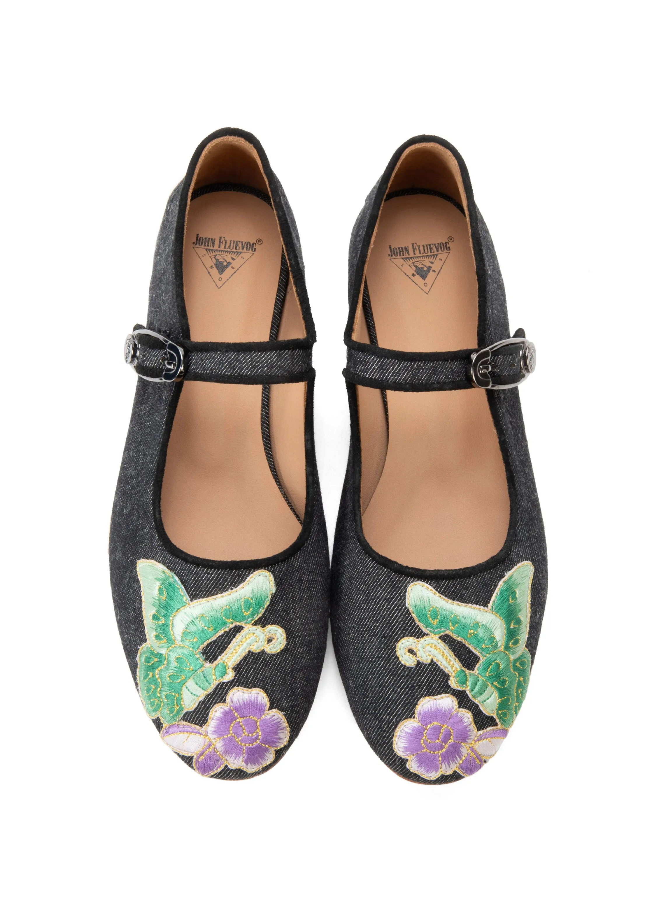 John Fluevog x Anna Sui Butterfly Mary Janes-Black Denim Annasui