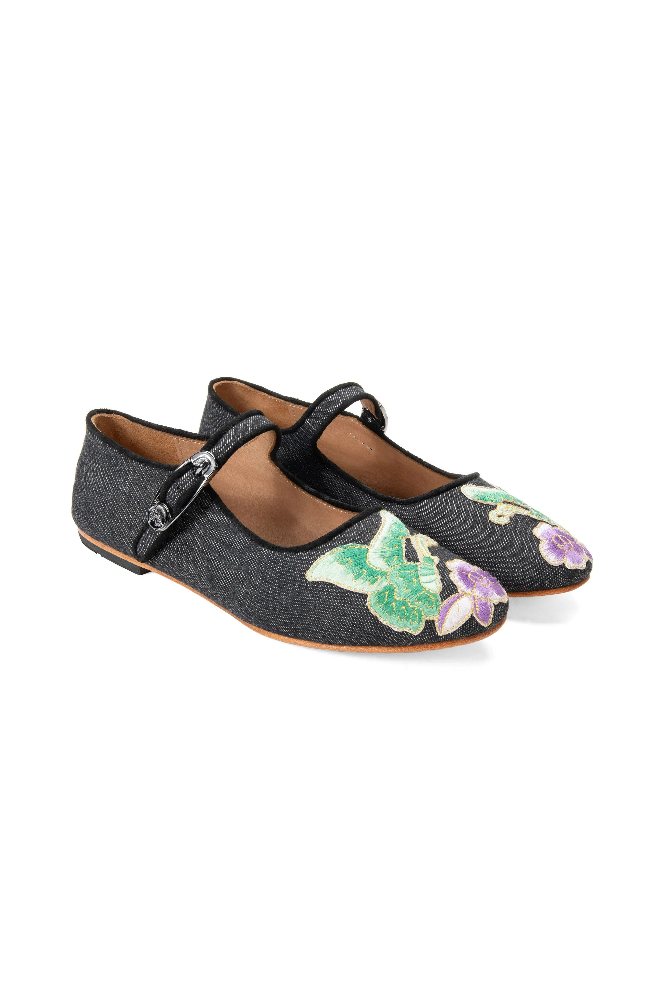 John Fluevog x Anna Sui Butterfly Mary Janes-Black Denim Annasui