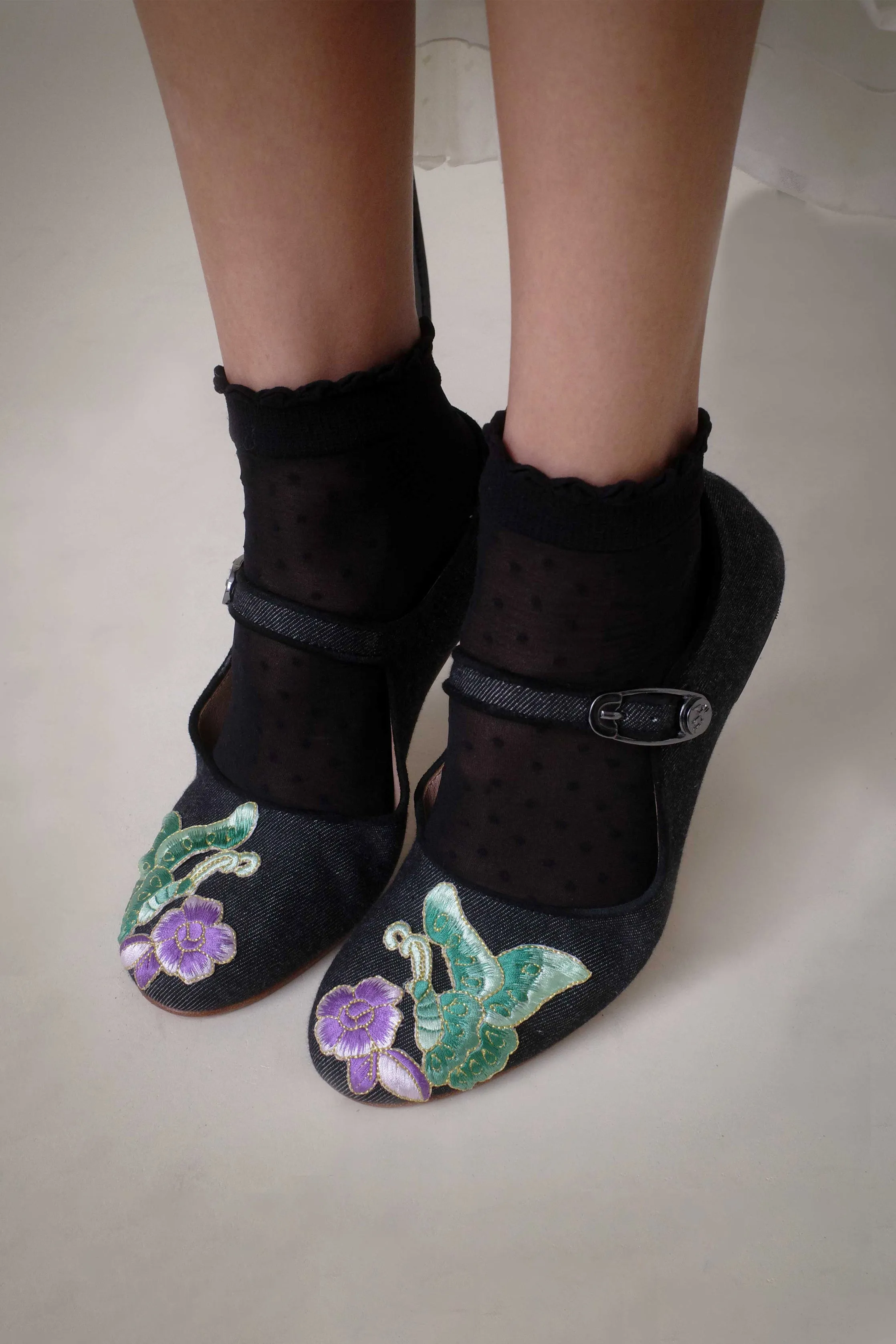 John Fluevog x Anna Sui Butterfly Mary Janes-Black Denim Annasui
