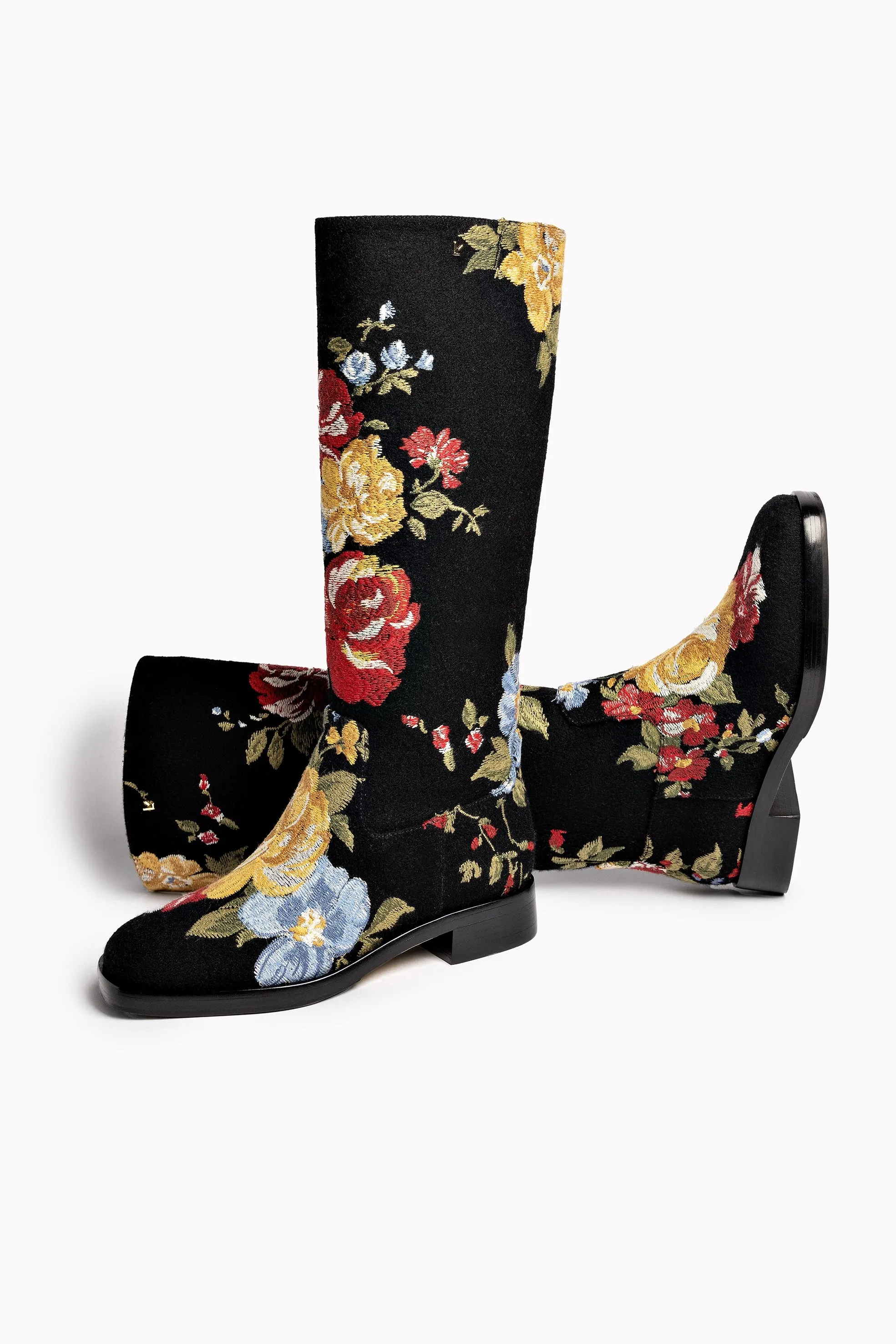 Larroud x Markarian Flat Boot In Black Wool and Floral Embroidery