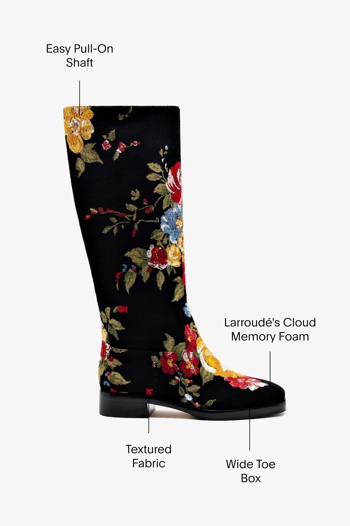 Larroud x Markarian Flat Boot In Black Wool and Floral Embroidery