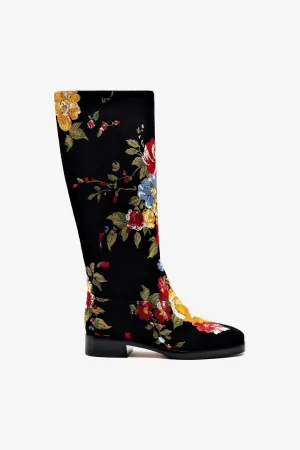 Larroud x Markarian Flat Boot In Black Wool and Floral Embroidery