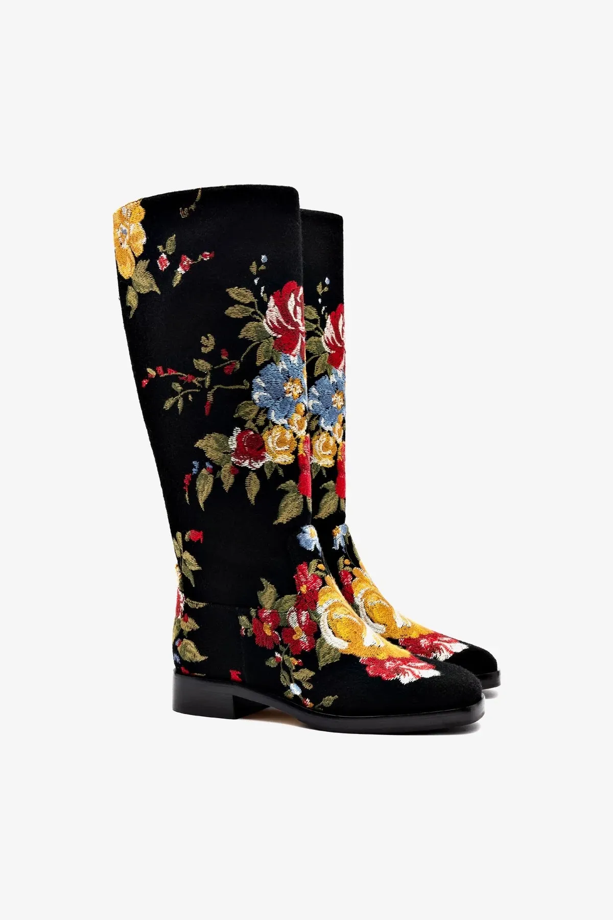 Larroud x Markarian Flat Boot In Black Wool and Floral Embroidery