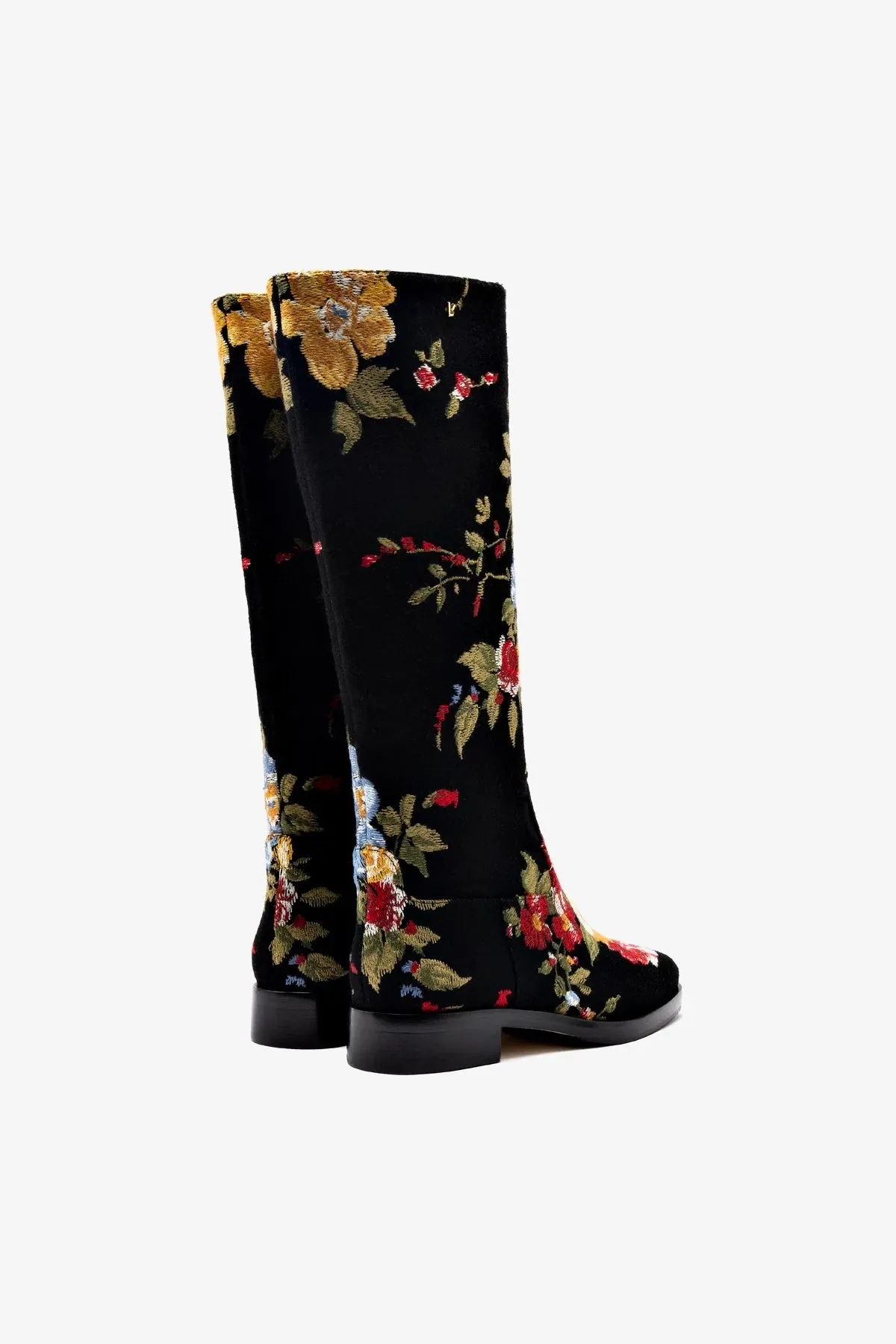 Larroud x Markarian Flat Boot In Black Wool and Floral Embroidery
