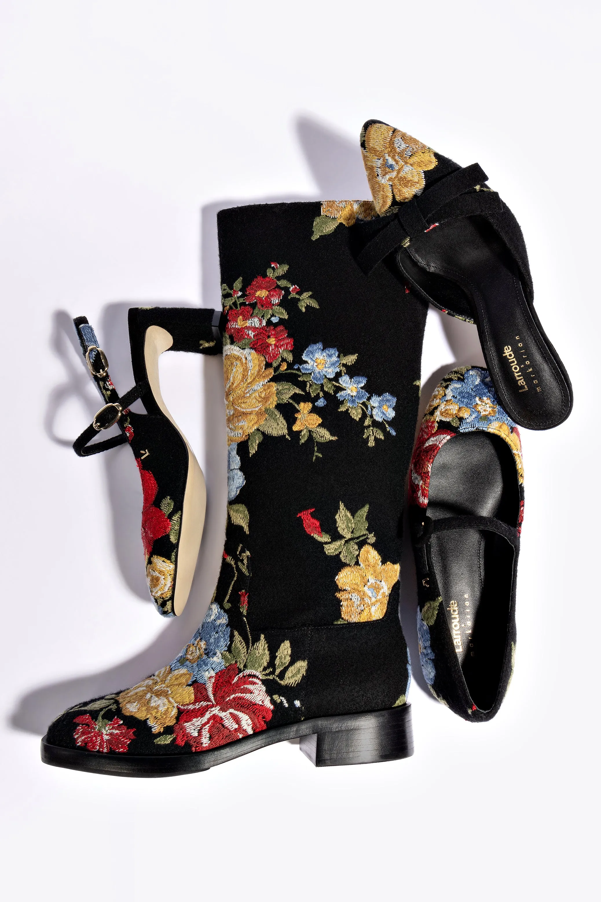 Larroud x Markarian Flat Boot In Black Wool and Floral Embroidery