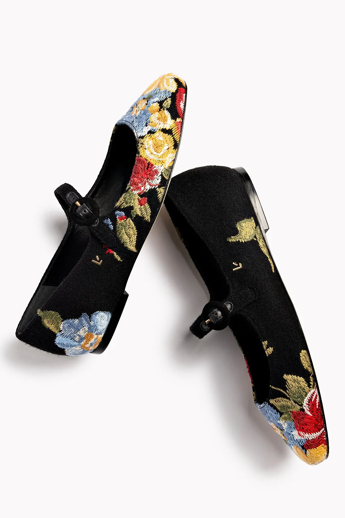 Larroud x Markarian Flat In Black Wool and Floral Embroidery