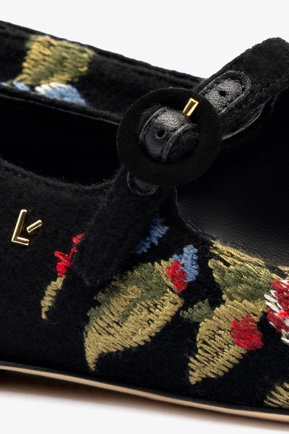Larroud x Markarian Flat In Black Wool and Floral Embroidery