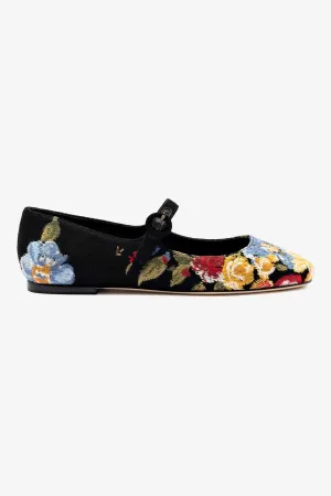 Larroud x Markarian Flat In Black Wool and Floral Embroidery