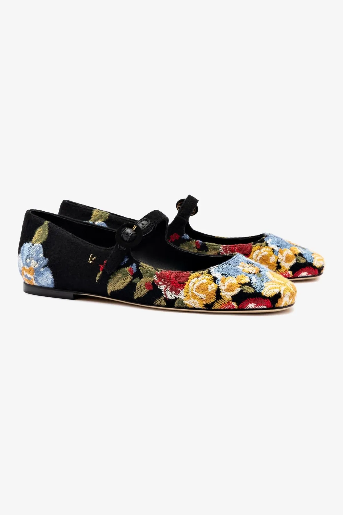 Larroud x Markarian Flat In Black Wool and Floral Embroidery