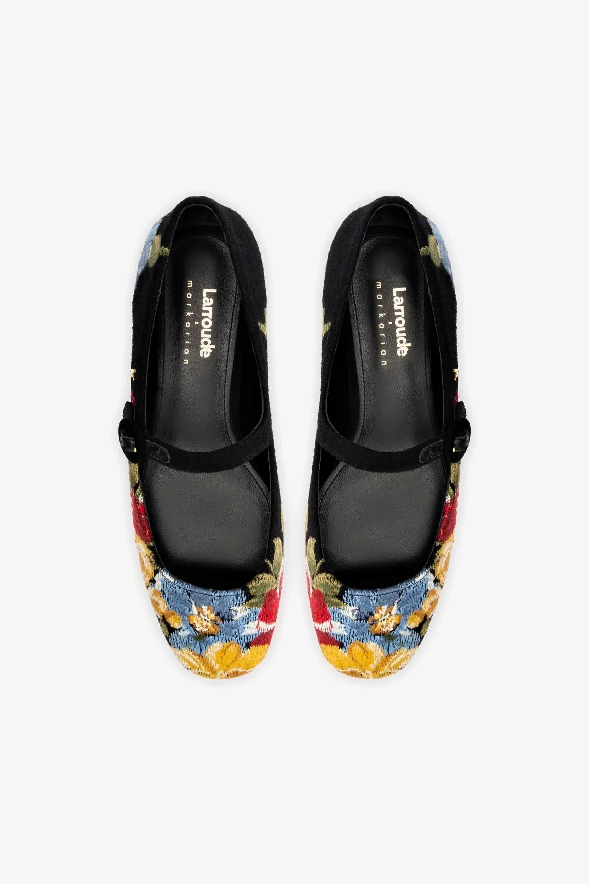 Larroud x Markarian Flat In Black Wool and Floral Embroidery